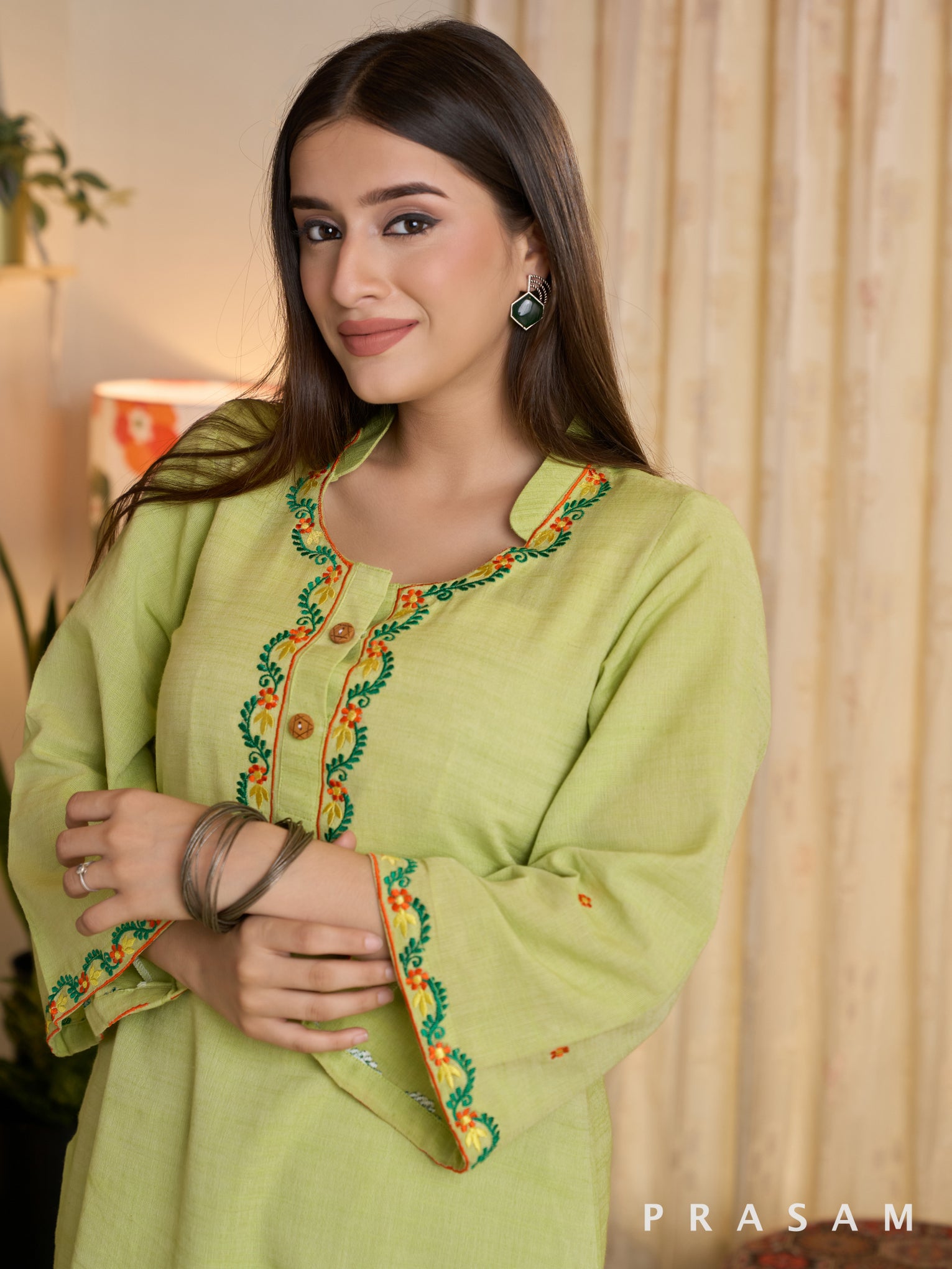 Minted Glow Kurta Set with Embroidery Details