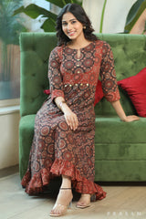Cultural Ajrakh Ethno Modern Cotton Ajrakh Dress With Ruffles At The Hem And Coin Detailings