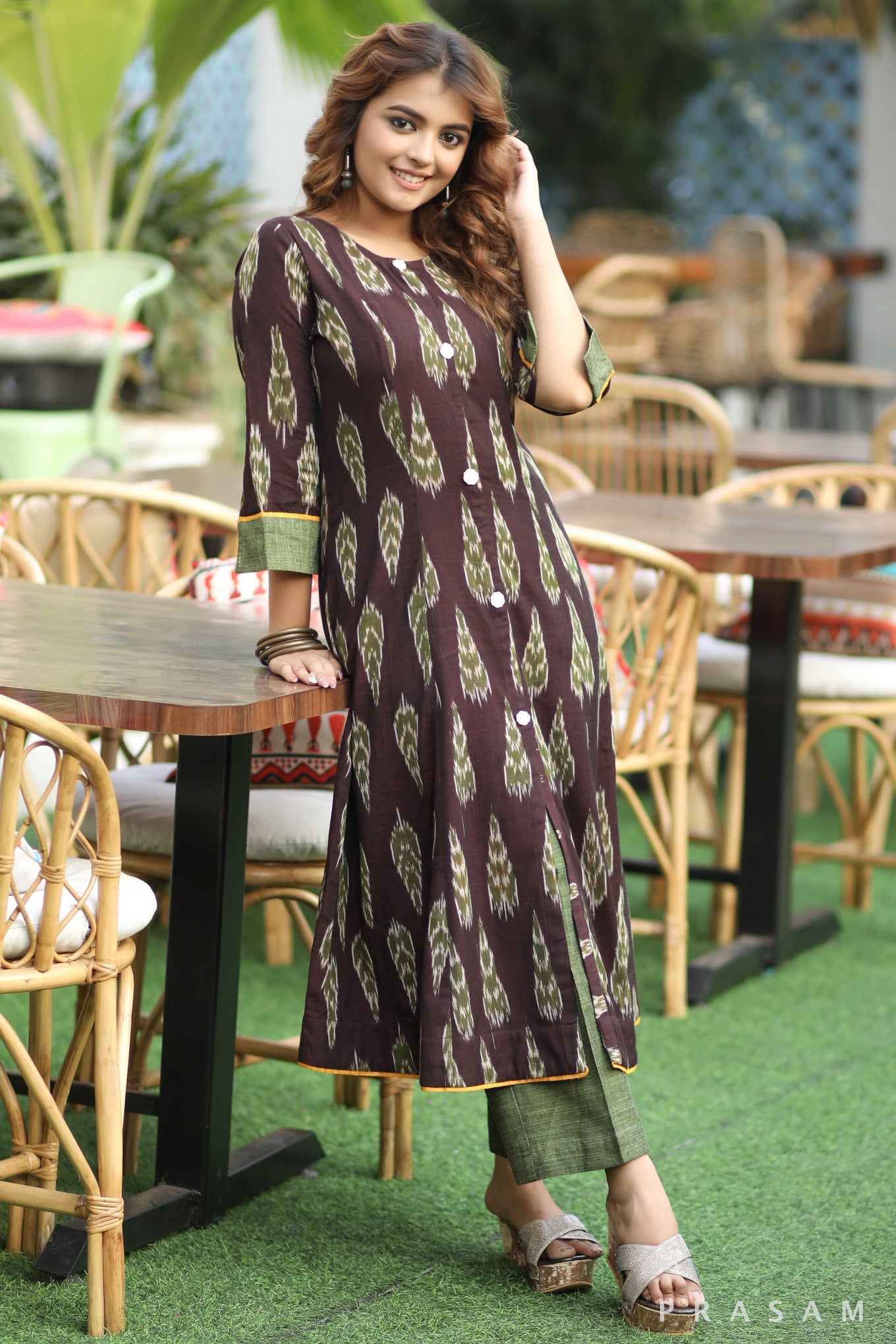 Mystic Garden Dark Purple Ikat Kurta With Mehandi Green Handloom Cotton Trims (Pant Optional)