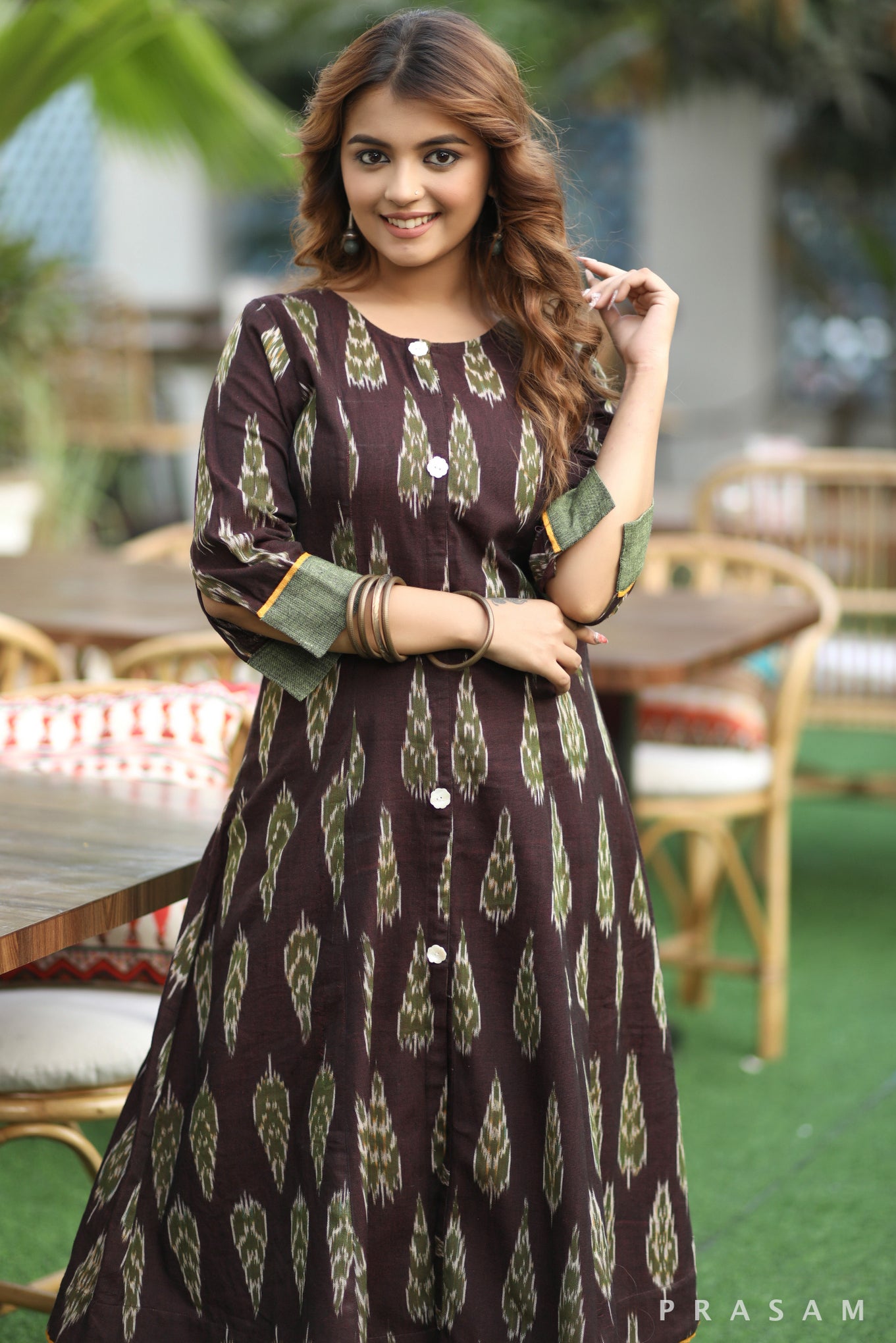 Mystic Garden Dark Purple Ikat Kurta With Mehandi Green Handloom Cotton Trims (Pant Optional)