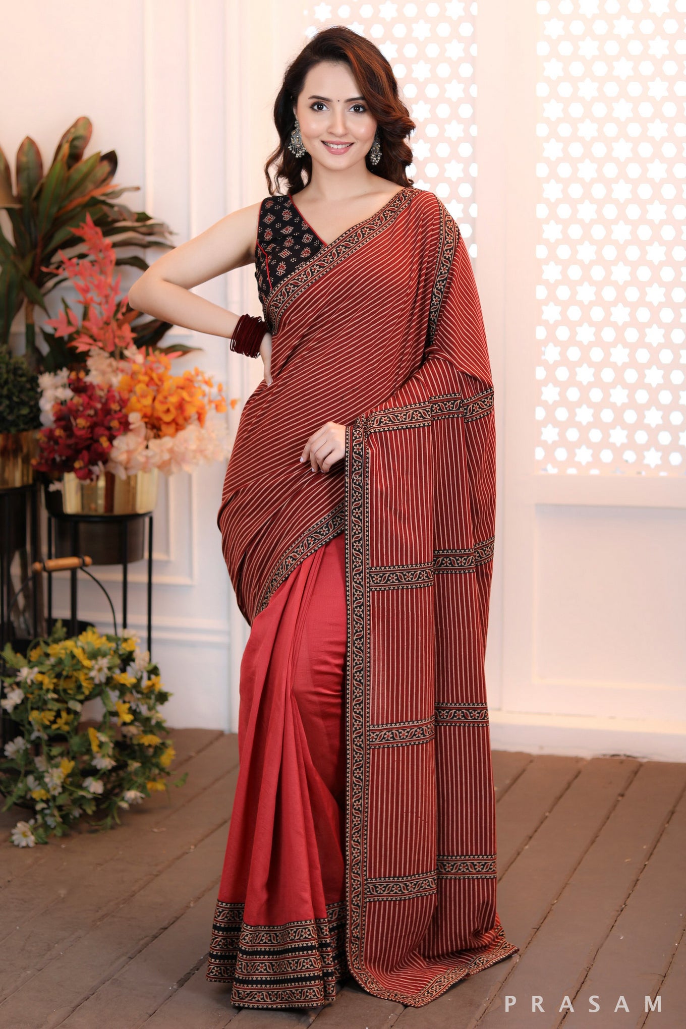 Autumn Radiance Stylish half and half chanderi & ajrakh brick coloured saree and ajrakh border trims (Readymade blouse optional)