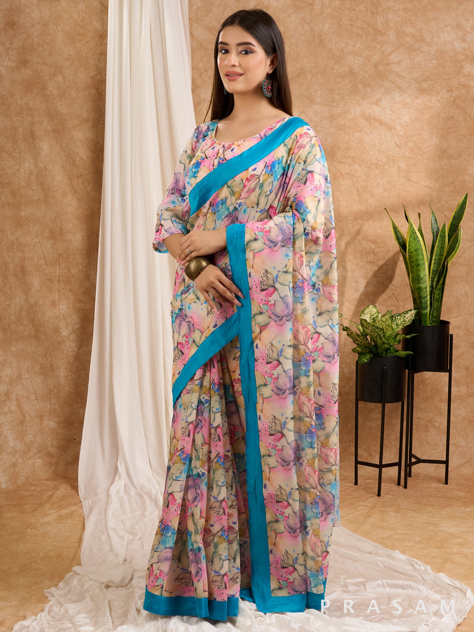 Tropical Mirage- Pink & Blue Chanderi Floral Saree with Blue Border