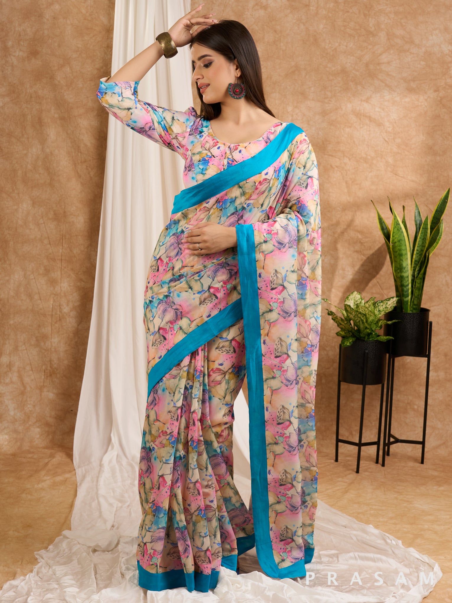 Tropical Mirage- Pink & Blue Chanderi Floral Saree with Blue Border