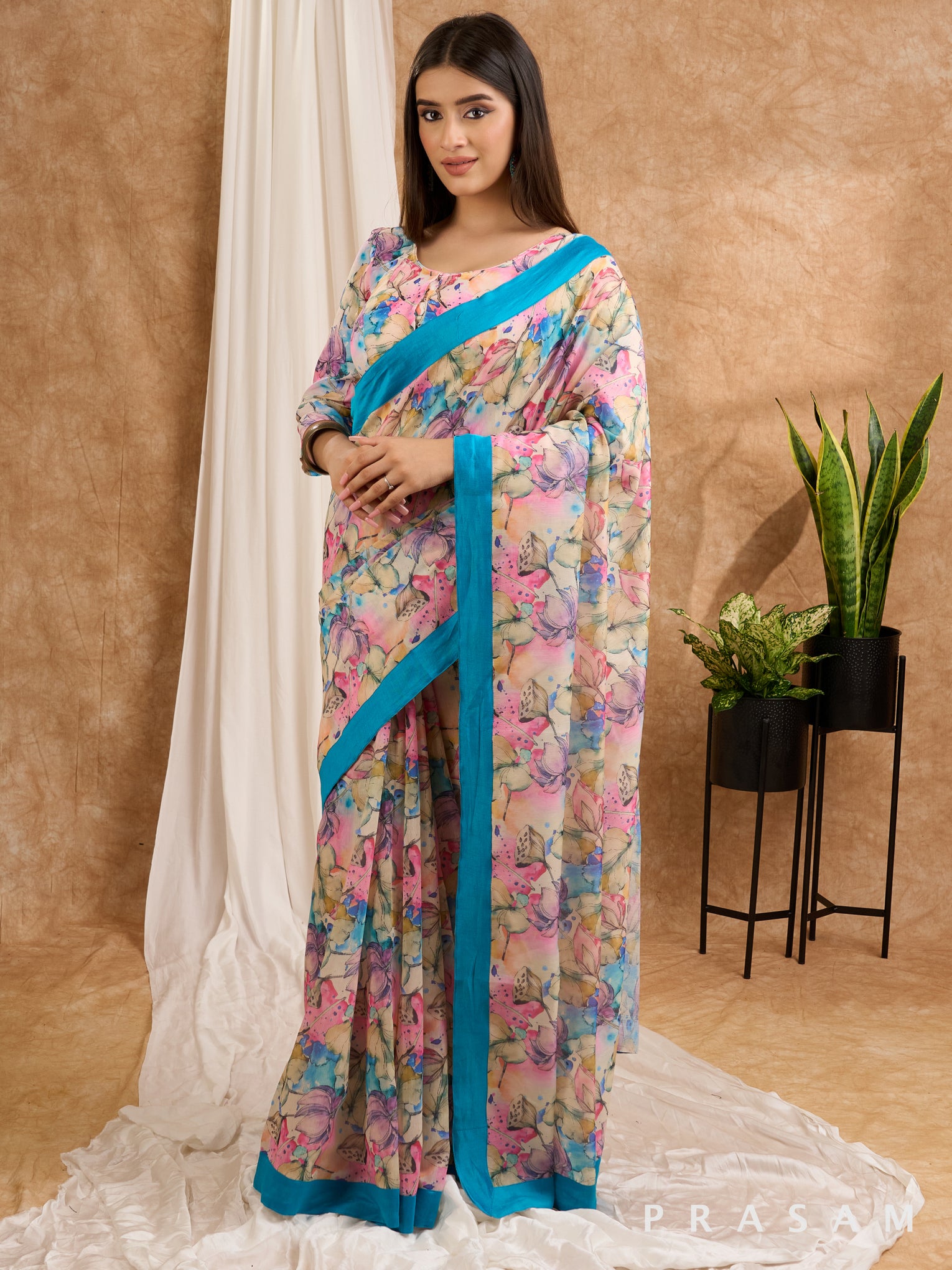 Tropical Mirage- Pink & Blue Chanderi Floral Saree with Blue Border