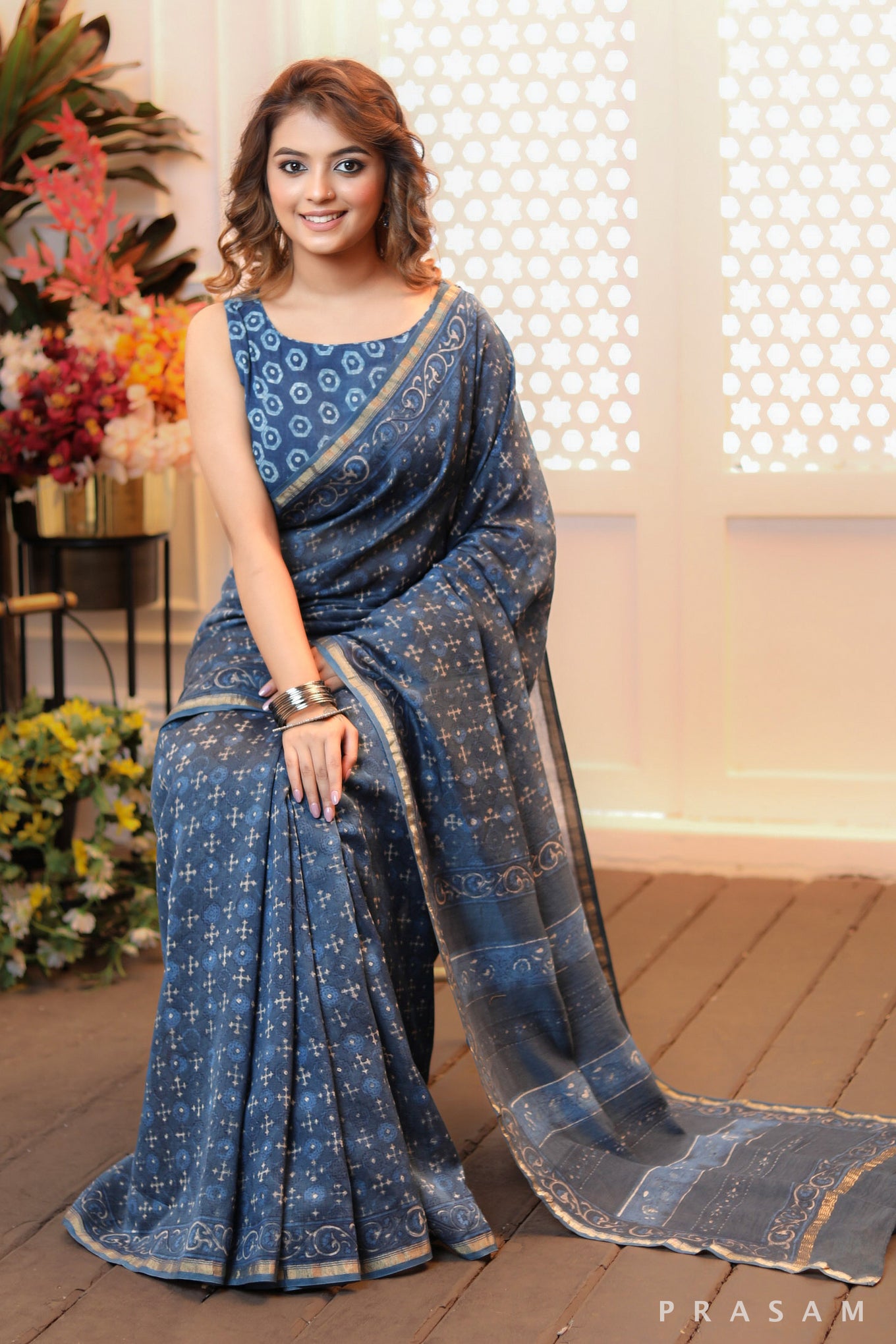 Trendy Tulle Elegant blockprinted blue chanderi saree