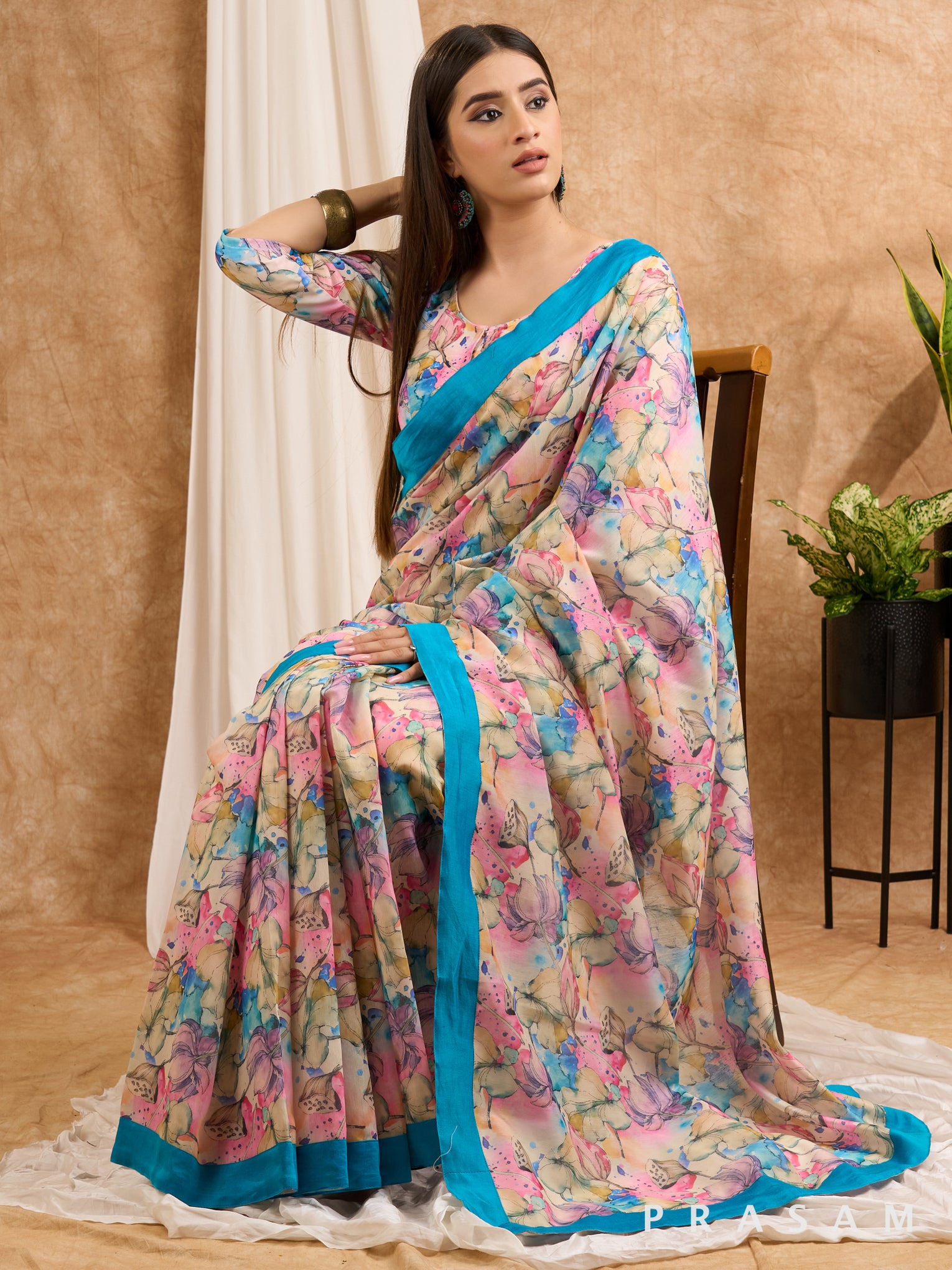 Tropical Mirage- Pink & Blue Chanderi Floral Saree with Blue Border