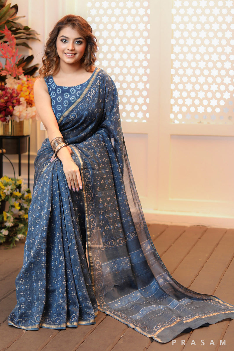 Trendy Tulle Elegant blockprinted blue chanderi saree