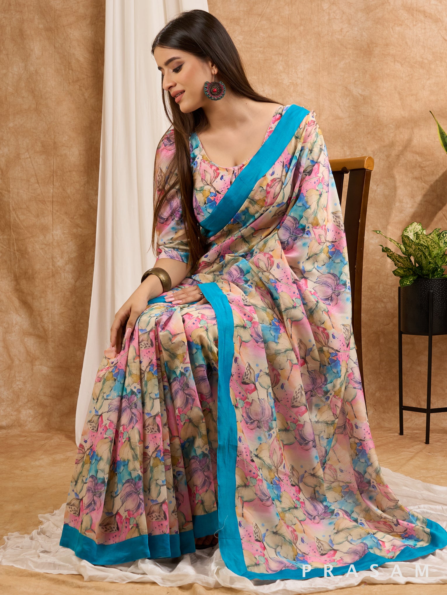 Tropical Mirage- Pink & Blue Chanderi Floral Saree with Blue Border