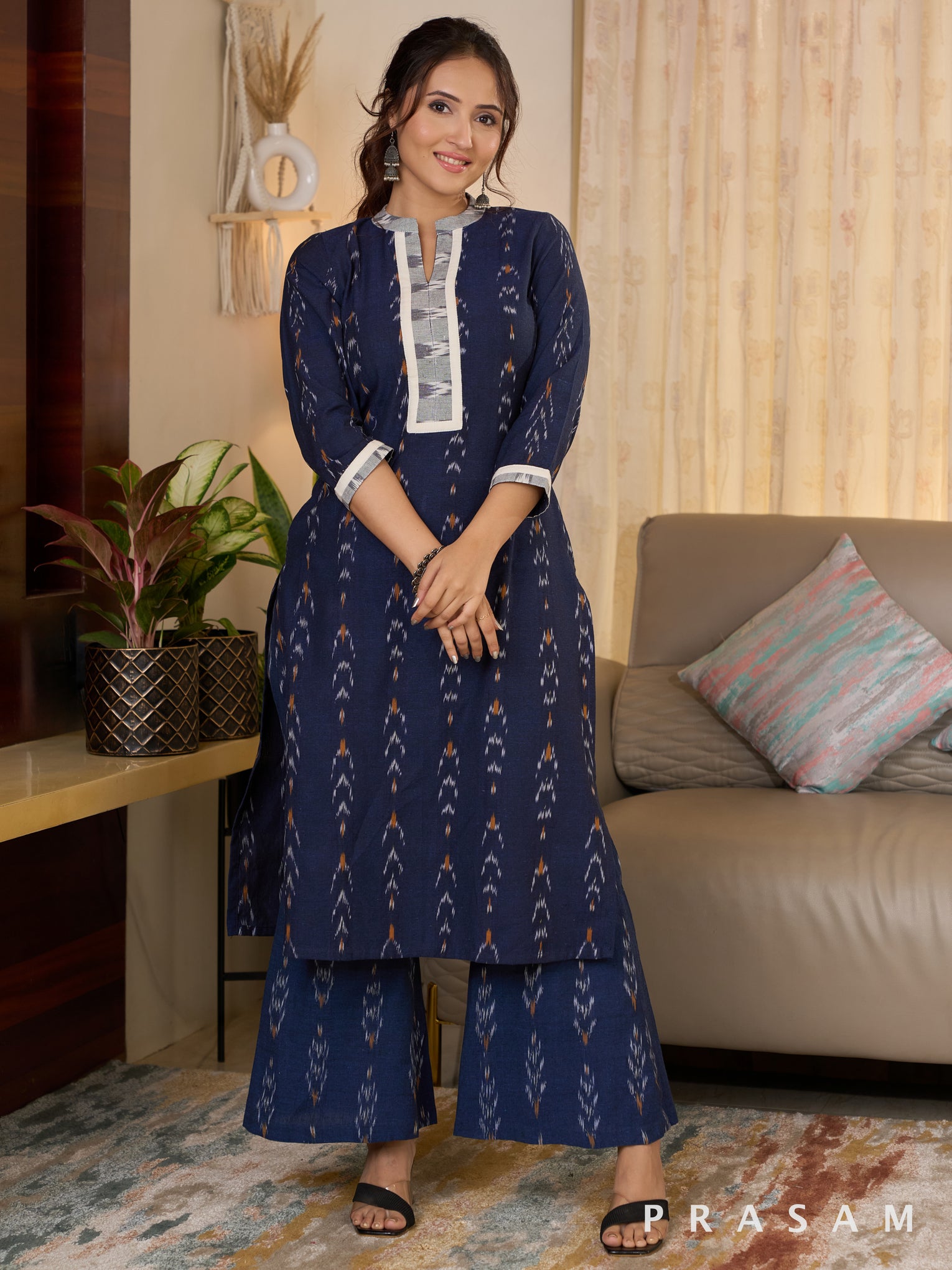 Navy Blue Cotton Ikat Kurta Set