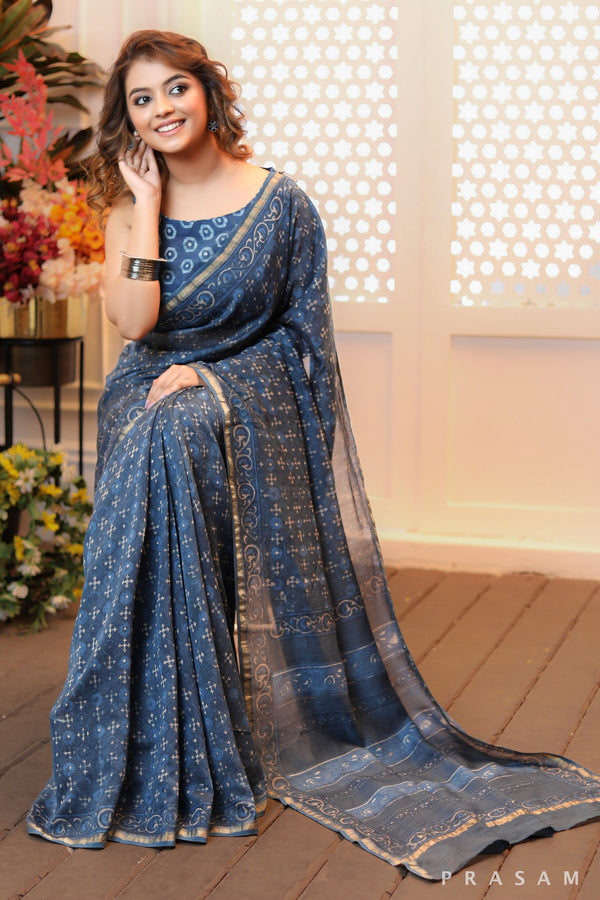 Trendy Tulle Elegant blockprinted blue chanderi saree
