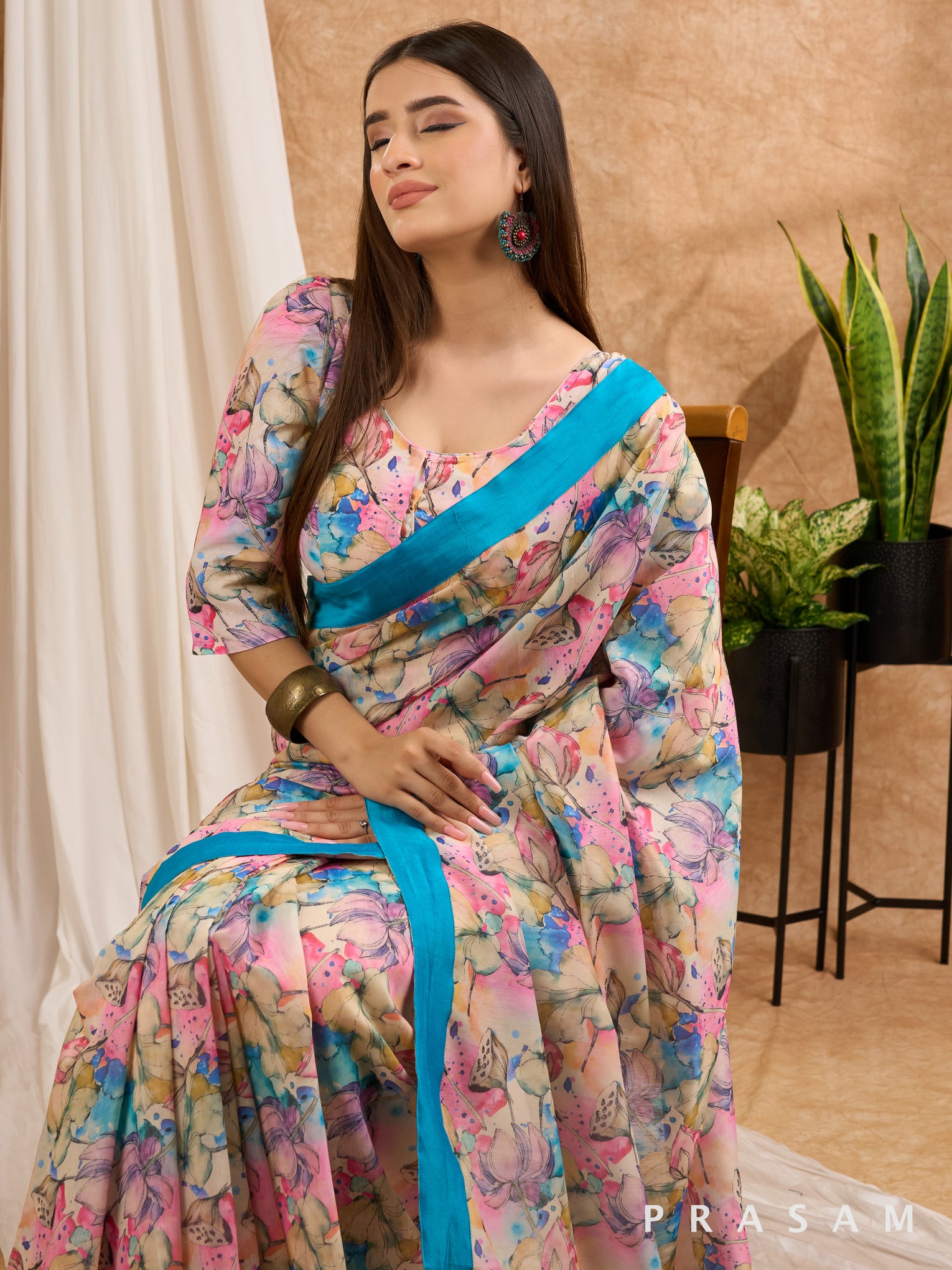 Tropical Mirage- Pink & Blue Chanderi Floral Saree with Blue Border