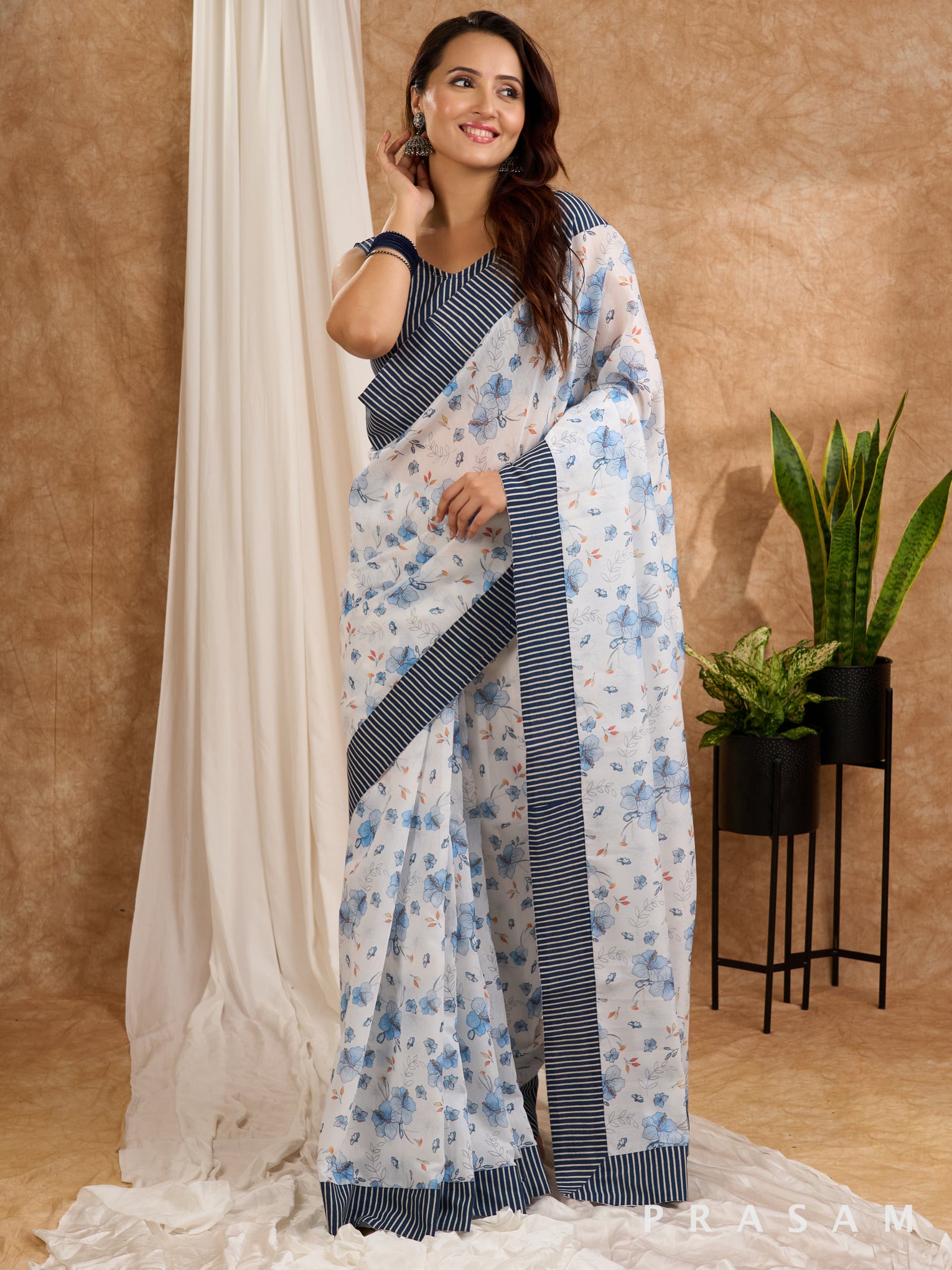 Bahar - White & Blue Chanderi Saree with Blue Ajrakh Stripes Border