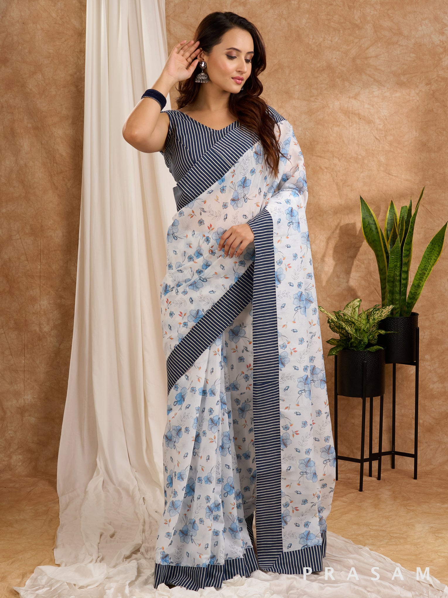 Bahar - White & Blue Chanderi Saree with Blue Ajrakh Stripes Border