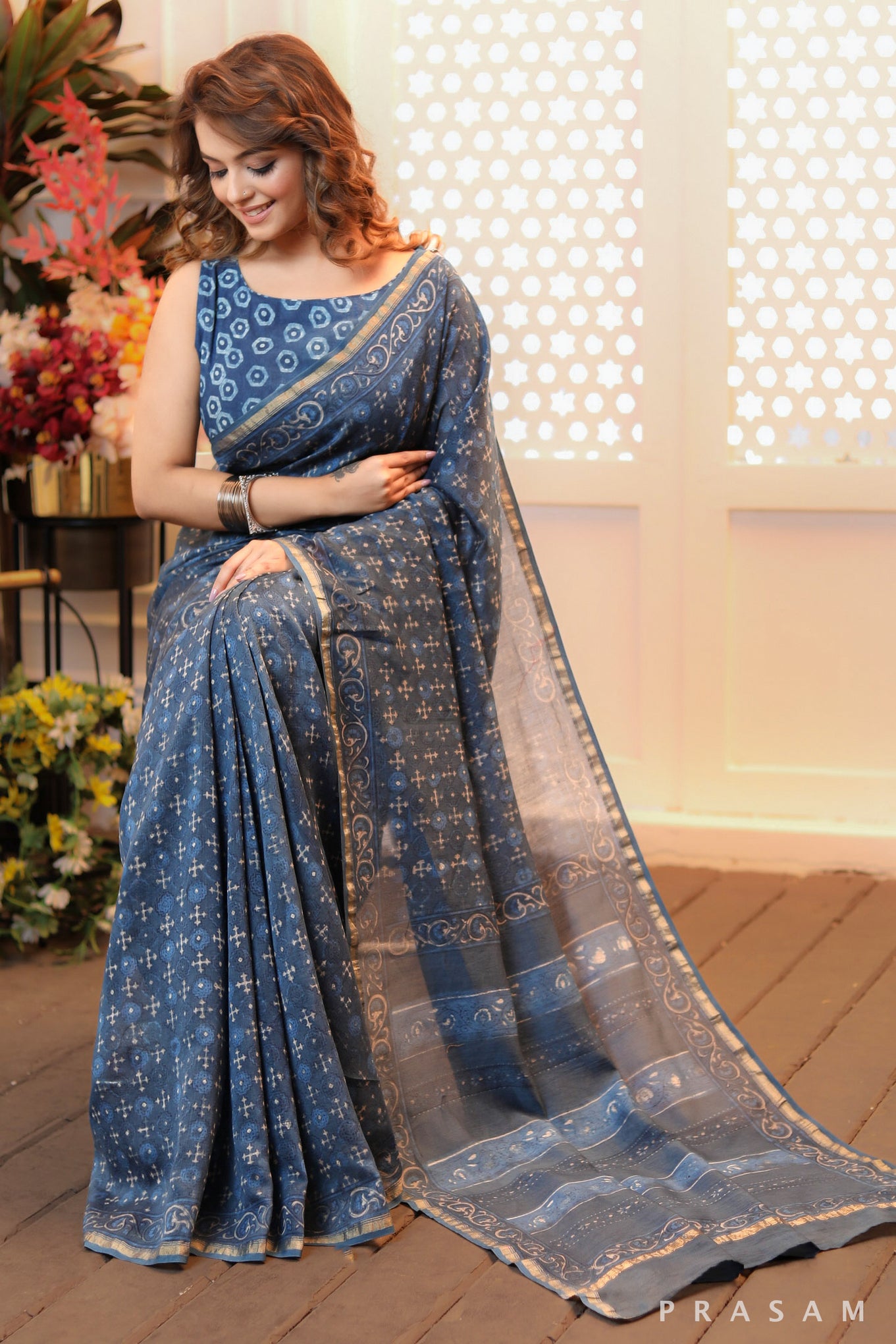 Trendy Tulle Elegant blockprinted blue chanderi saree