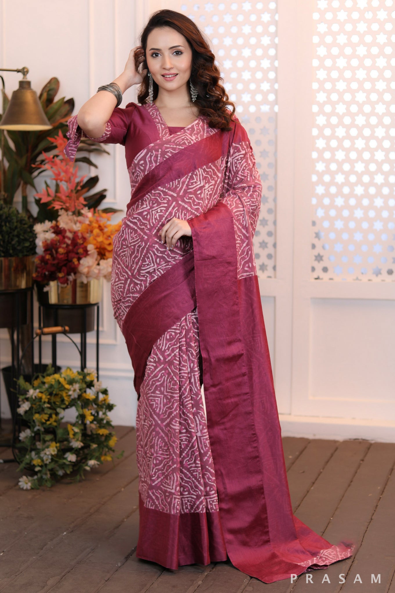 Radiant Rose Classy ethnic bagru printed saree with onion pink chanderi pallu & trims (Readymade blouse optional)