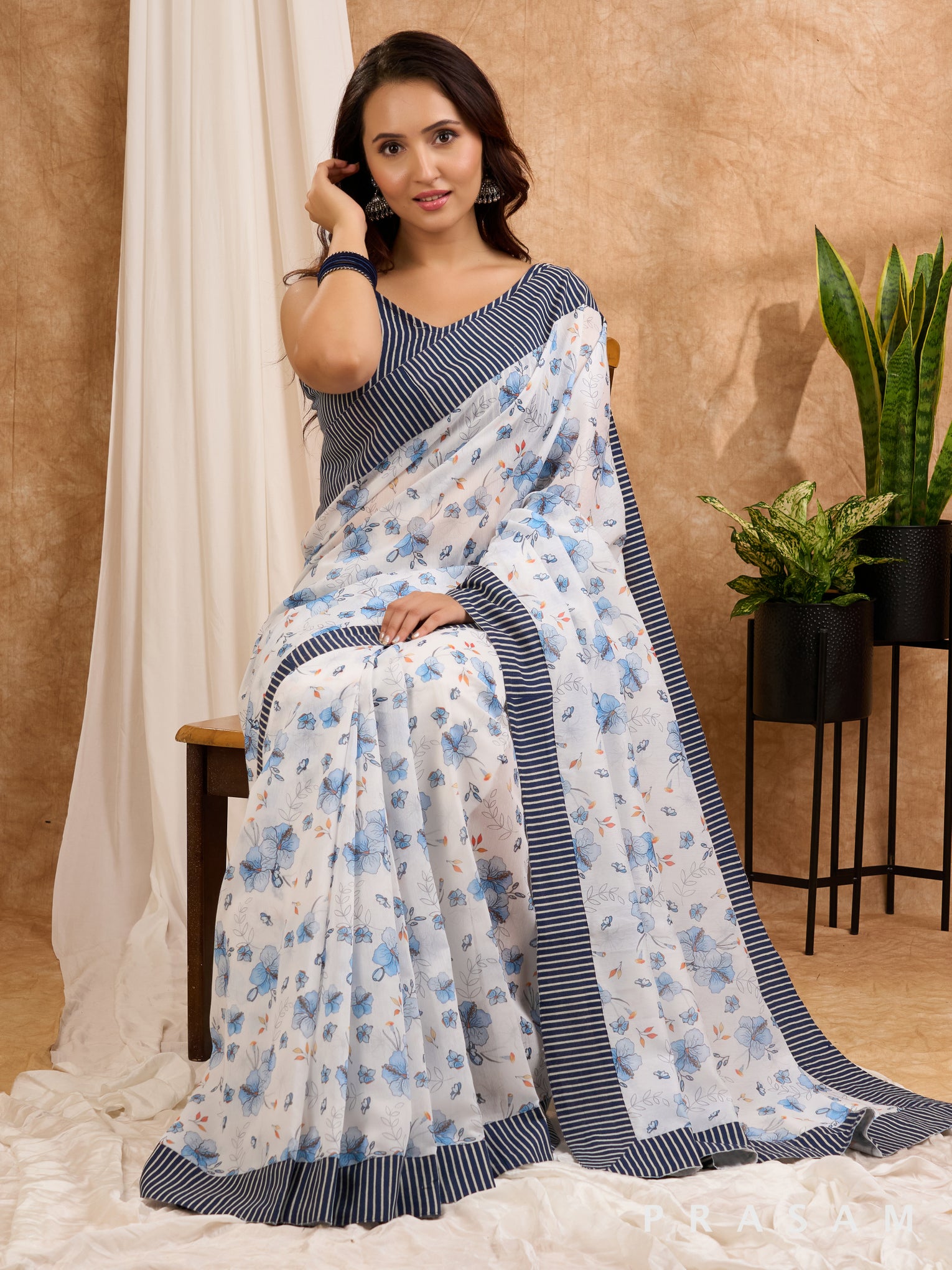 Bahar - White & Blue Chanderi Saree with Blue Ajrakh Stripes Border