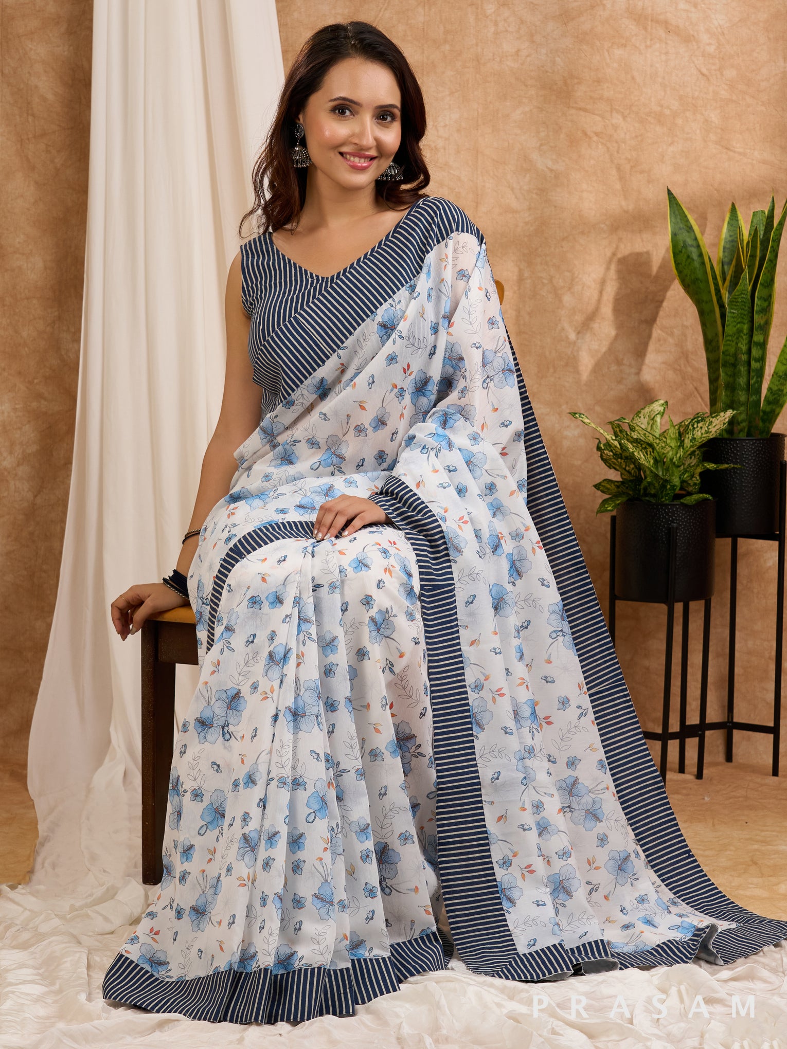 Bahar - White & Blue Chanderi Saree with Blue Ajrakh Stripes Border