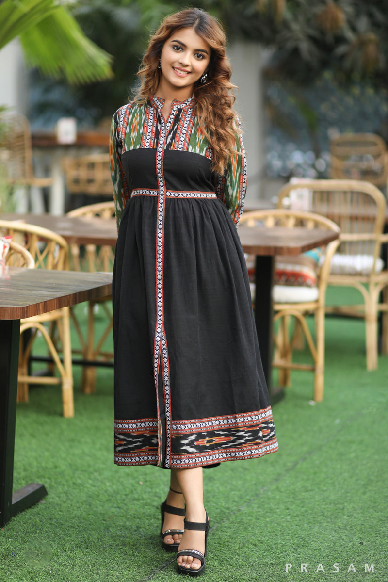 Green Dobby Delight - Exclusive Black Dress With Ikat Detailings