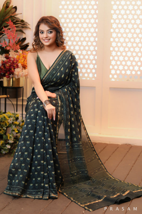 Timeless Grace Graceful block printed bottle green chanderi saree