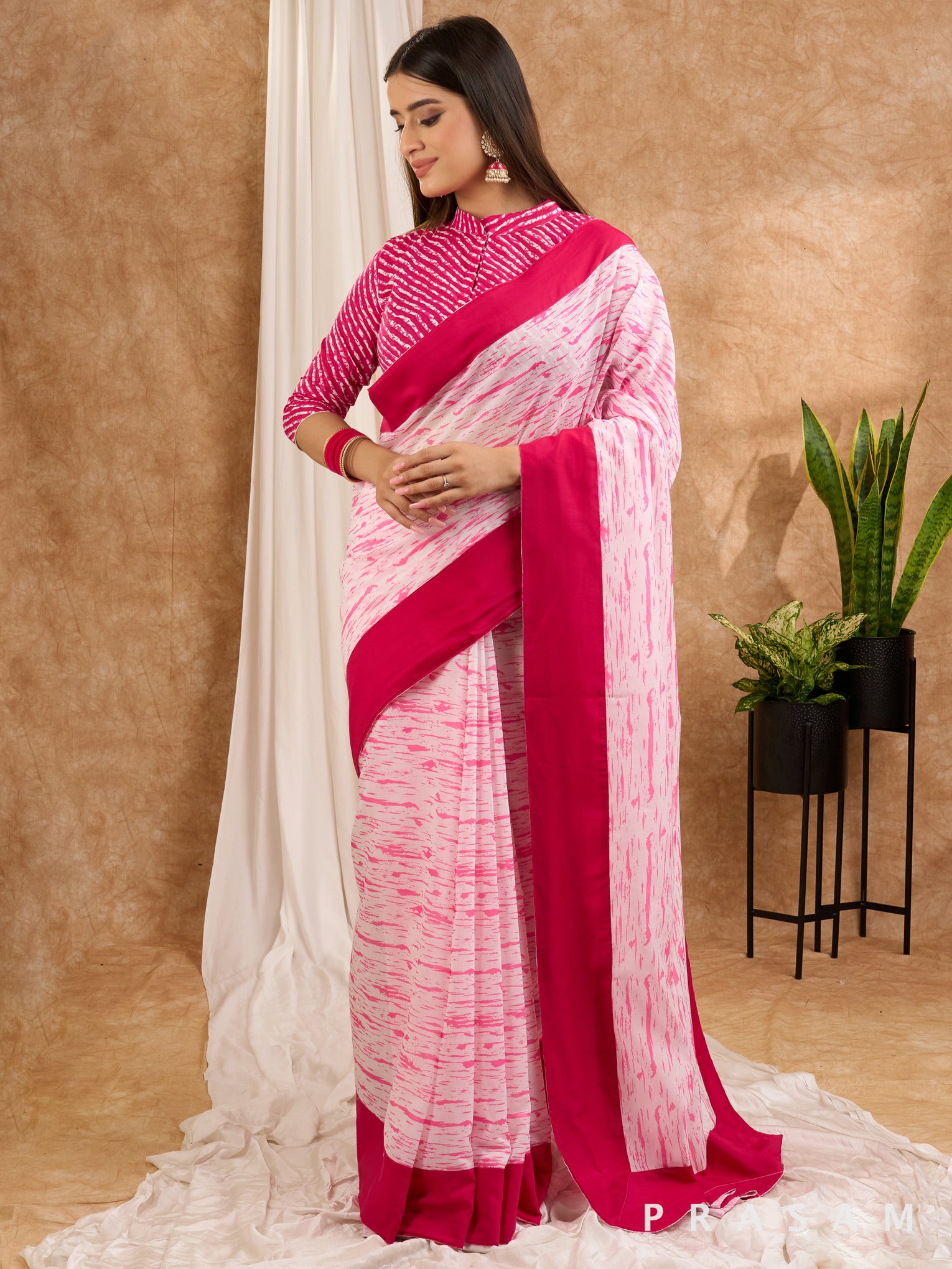 Gulabi - Pink & White Chanderi Printed Saree with Plain Border