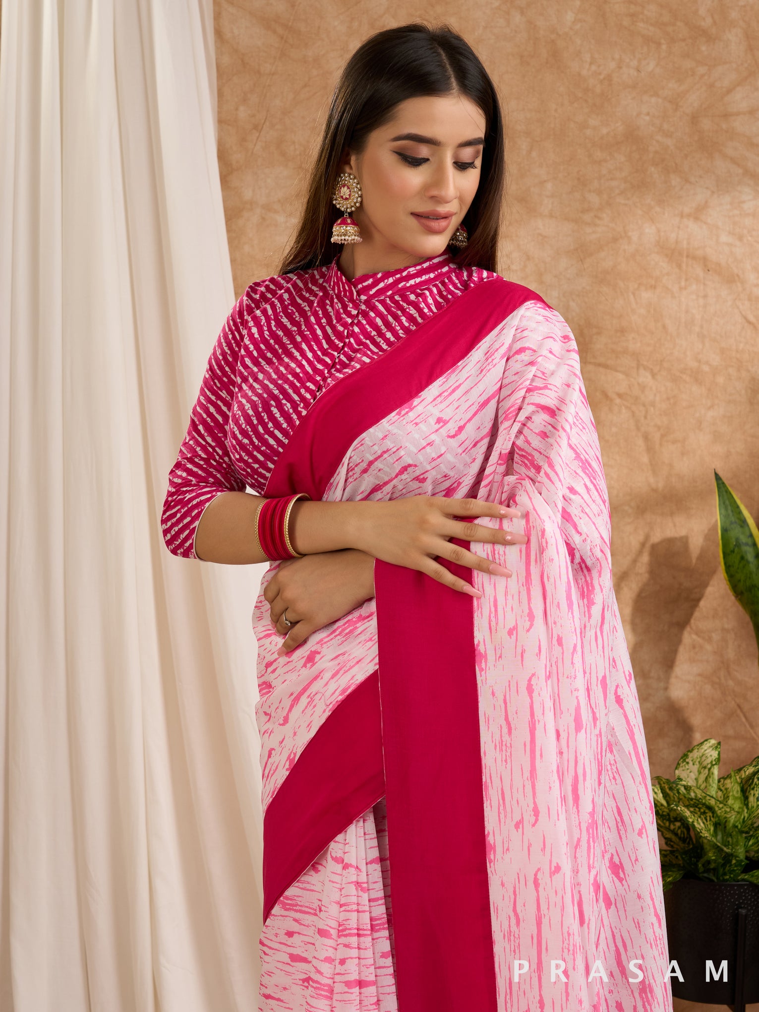 Gulabi - Pink & White Chanderi Printed Saree with Plain Border