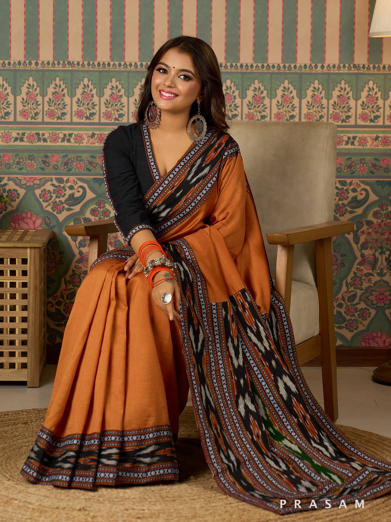 TerraWeave Chanderi Saree with Ikat Border
