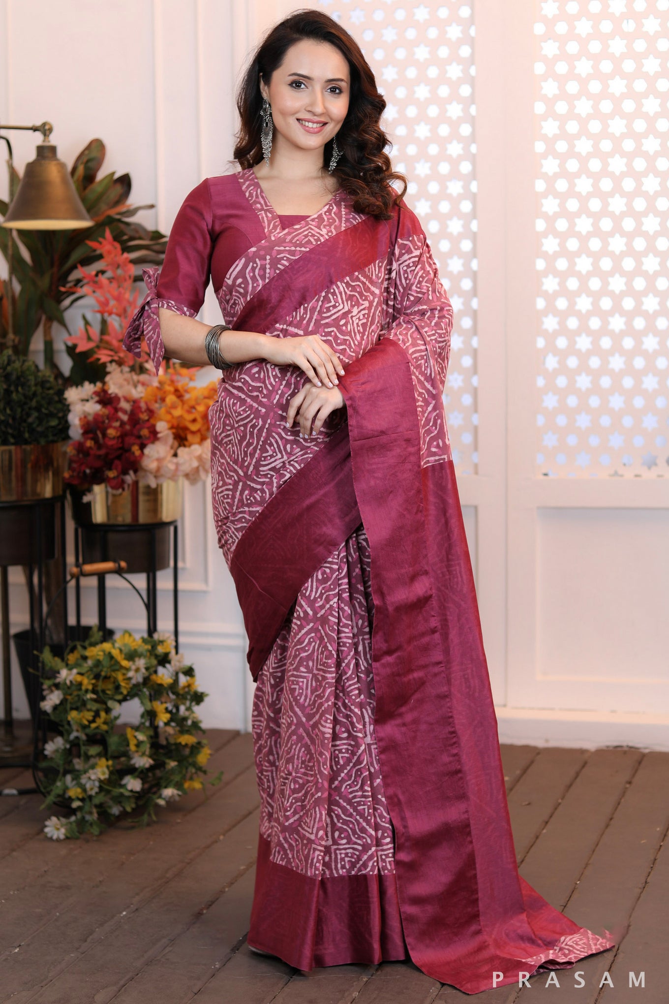 Radiant Rose Classy ethnic bagru printed saree with onion pink chanderi pallu & trims (Readymade blouse optional)