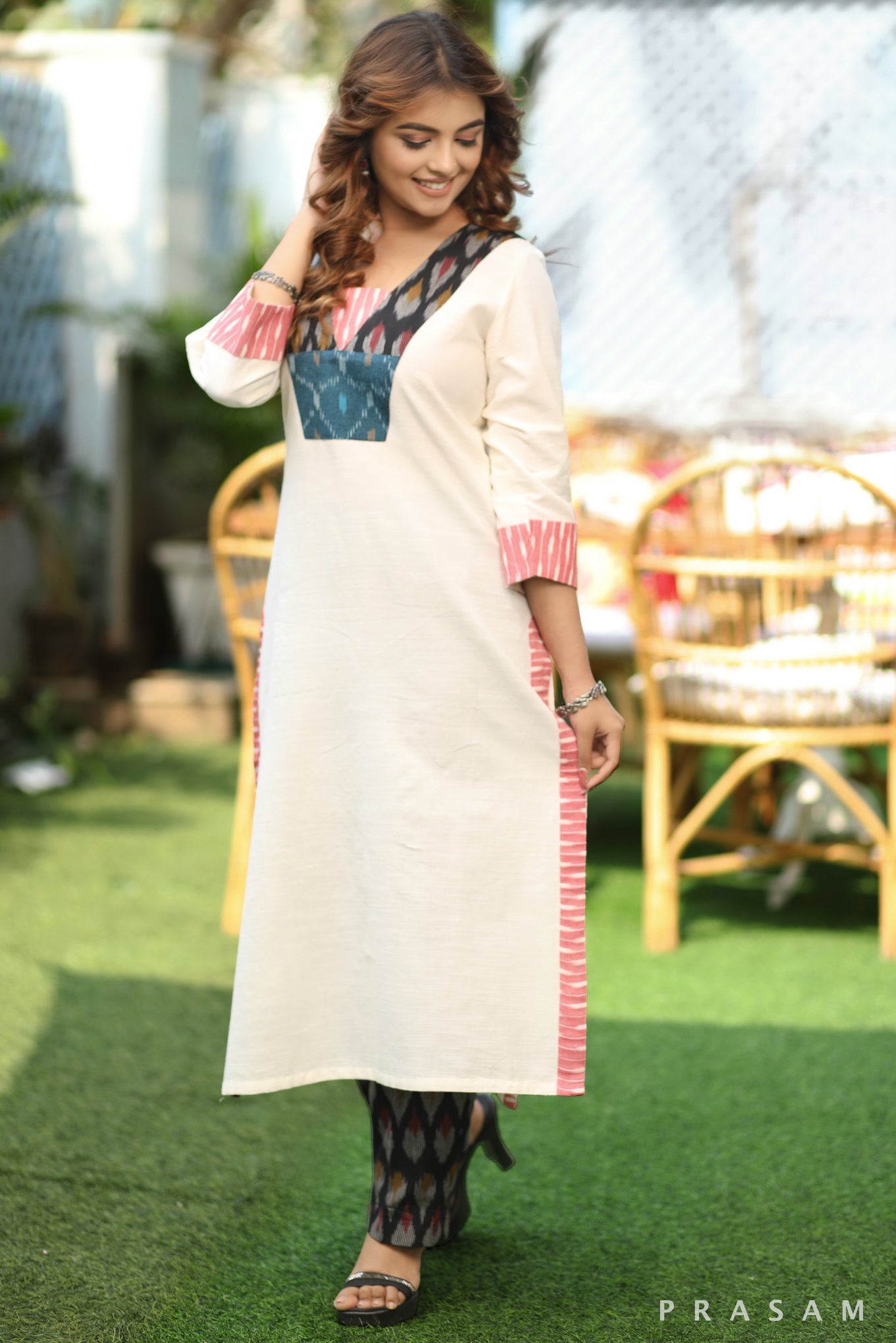 Colorful Ikat Dreams - Must Have Ivory Handloom Cotton With Colorful Ikat Trims Kurti Set