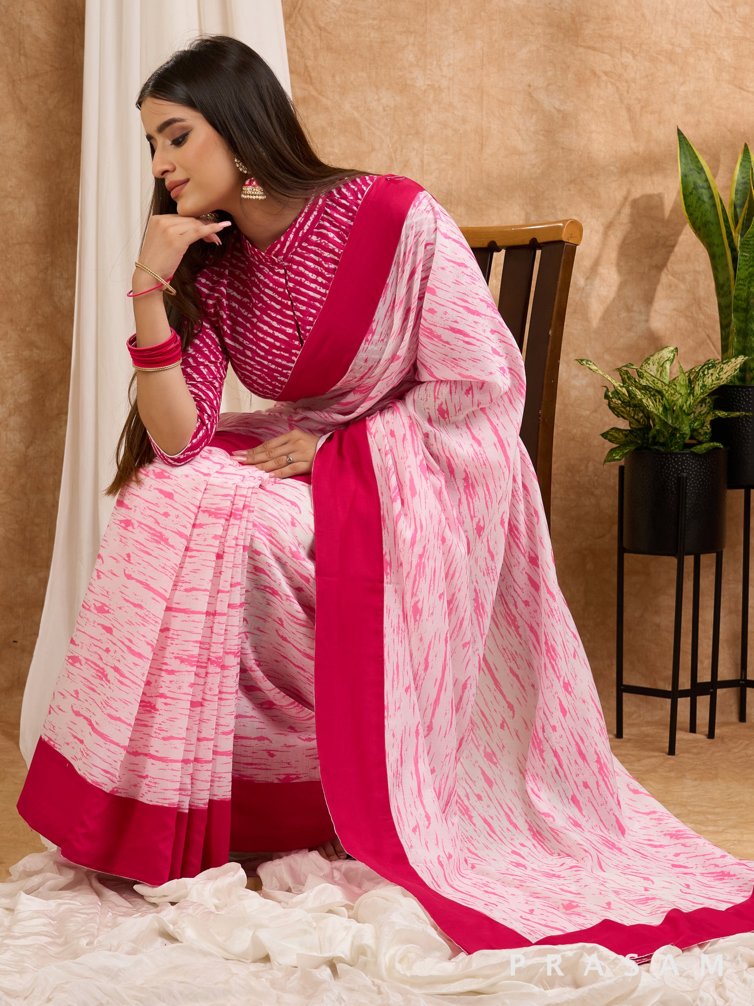 Gulabi - Pink & White Chanderi Printed Saree with Plain Border