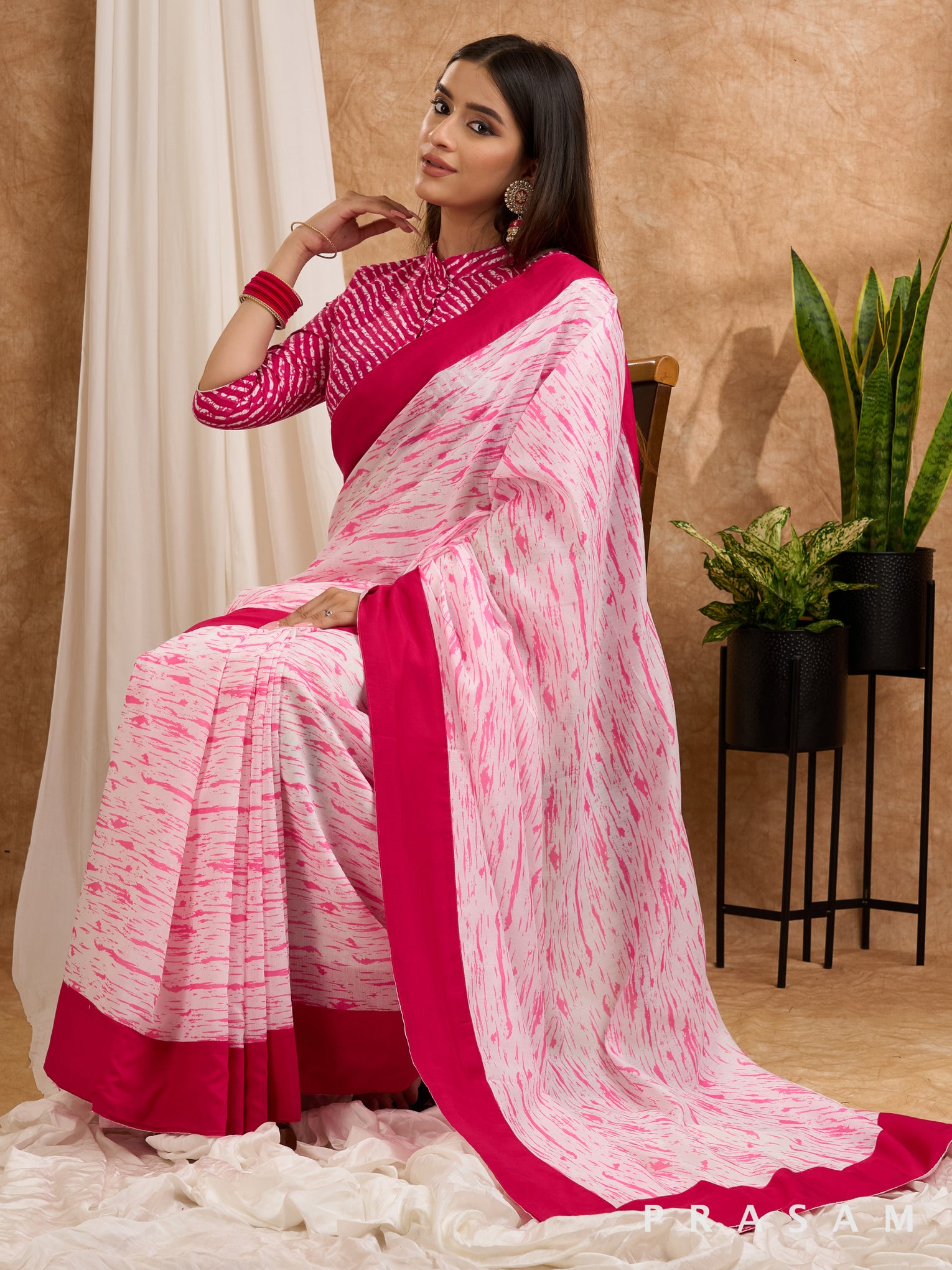 Gulabi - Pink & White Chanderi Printed Saree with Plain Border