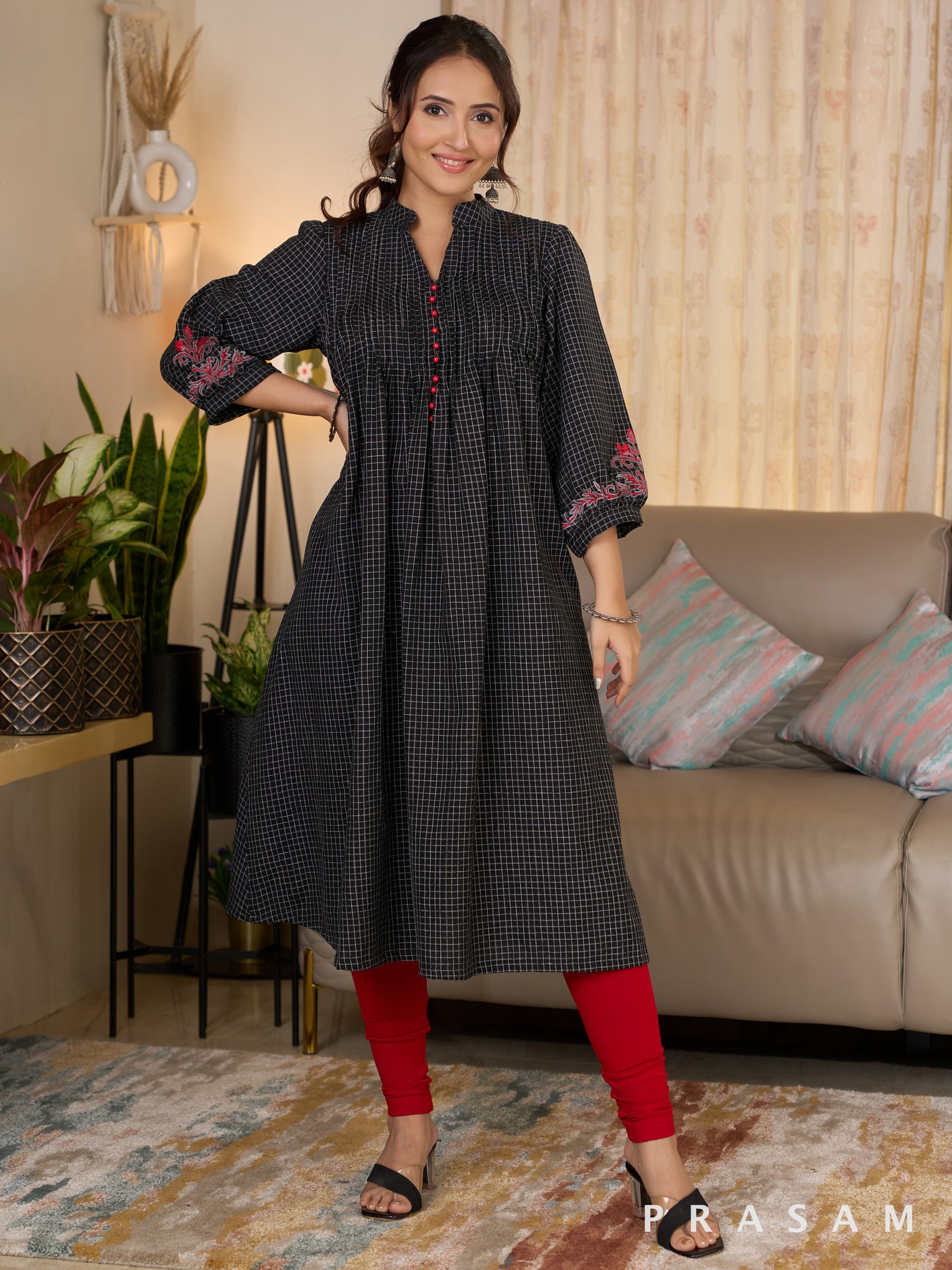 Embroidered Elegance Black Checks Pleated Kurti