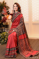 Patchwork Panache Fusion ajrakh and chanderi cut & sew brick coloured saree (Readymade blouse Optional)