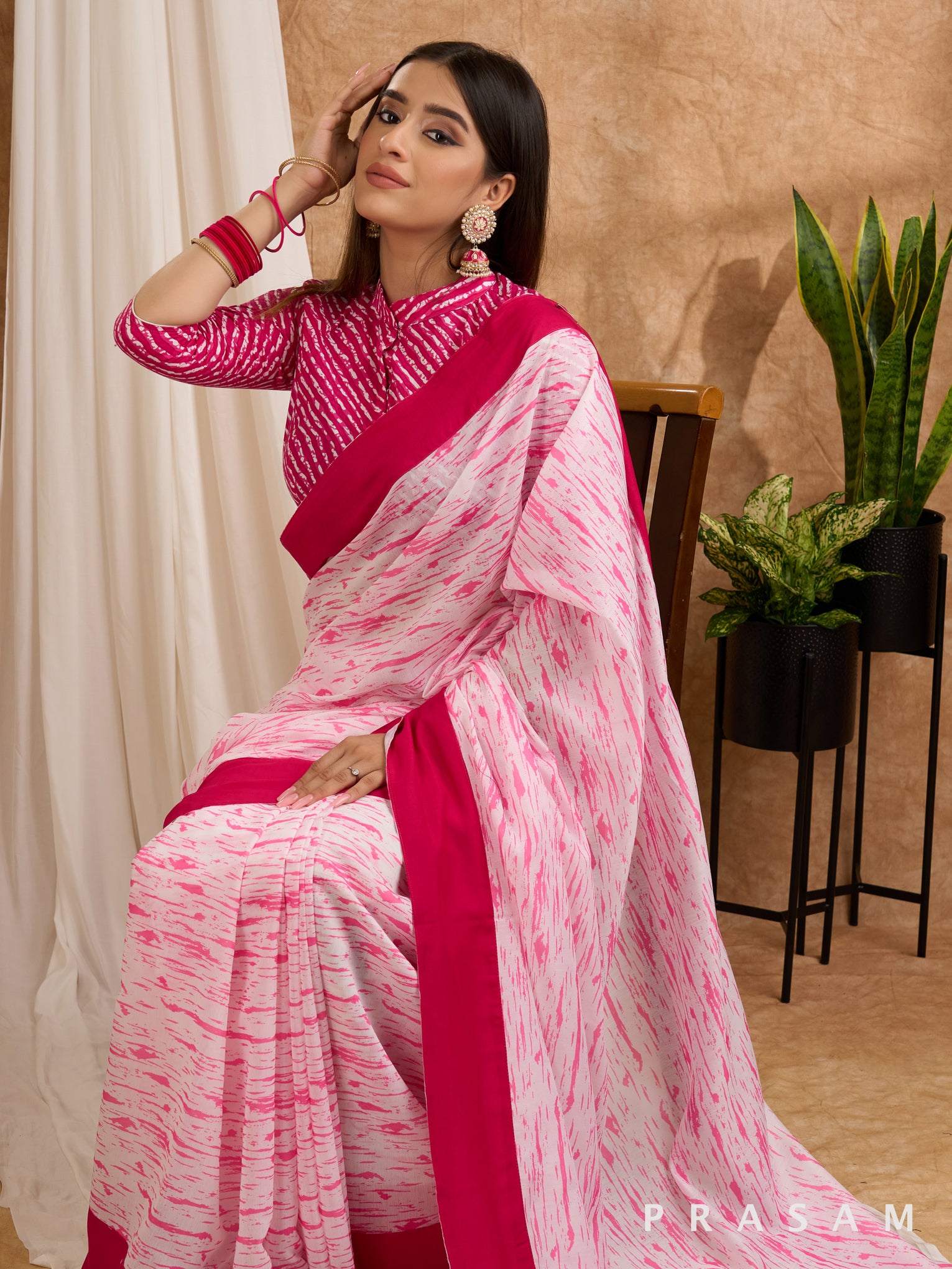 Gulabi - Pink & White Chanderi Printed Saree with Plain Border