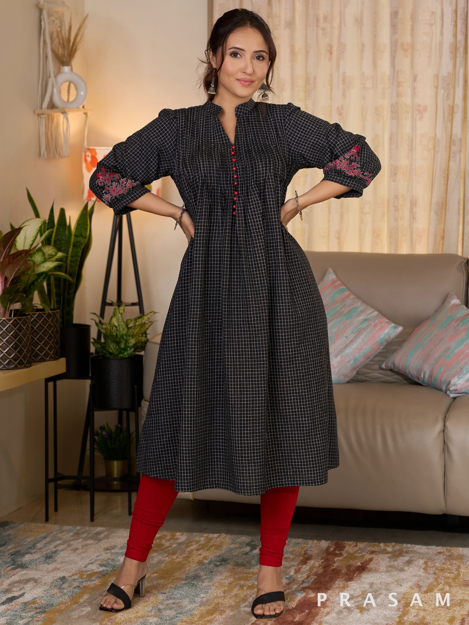 Embroidered Elegance Black Checks Pleated Kurti