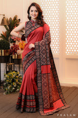 Patchwork Panache Fusion ajrakh and chanderi cut & sew brick coloured saree (Readymade blouse Optional)