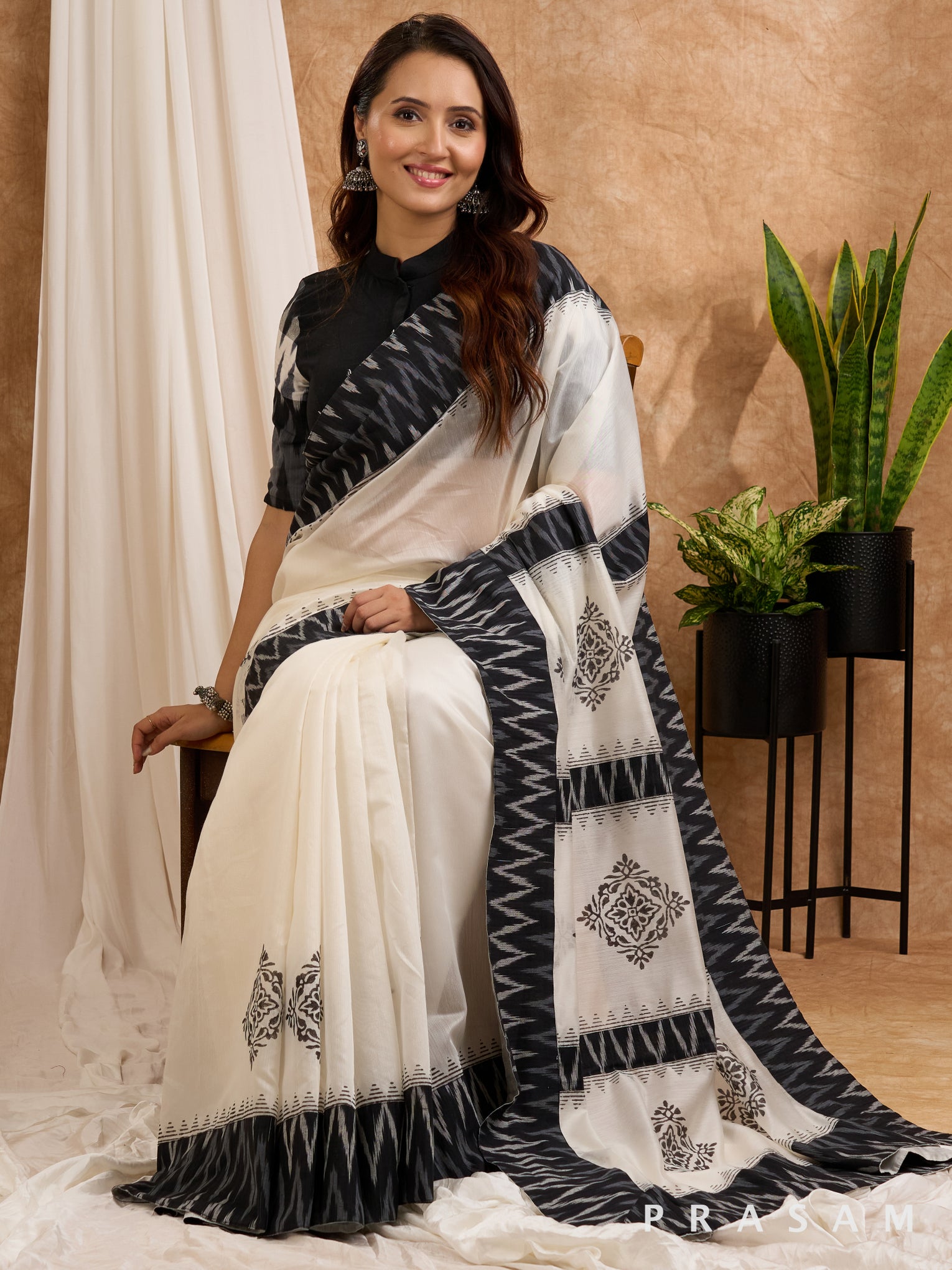 Mehtab-White Chanderi with Ikat Pallu and Ikat border