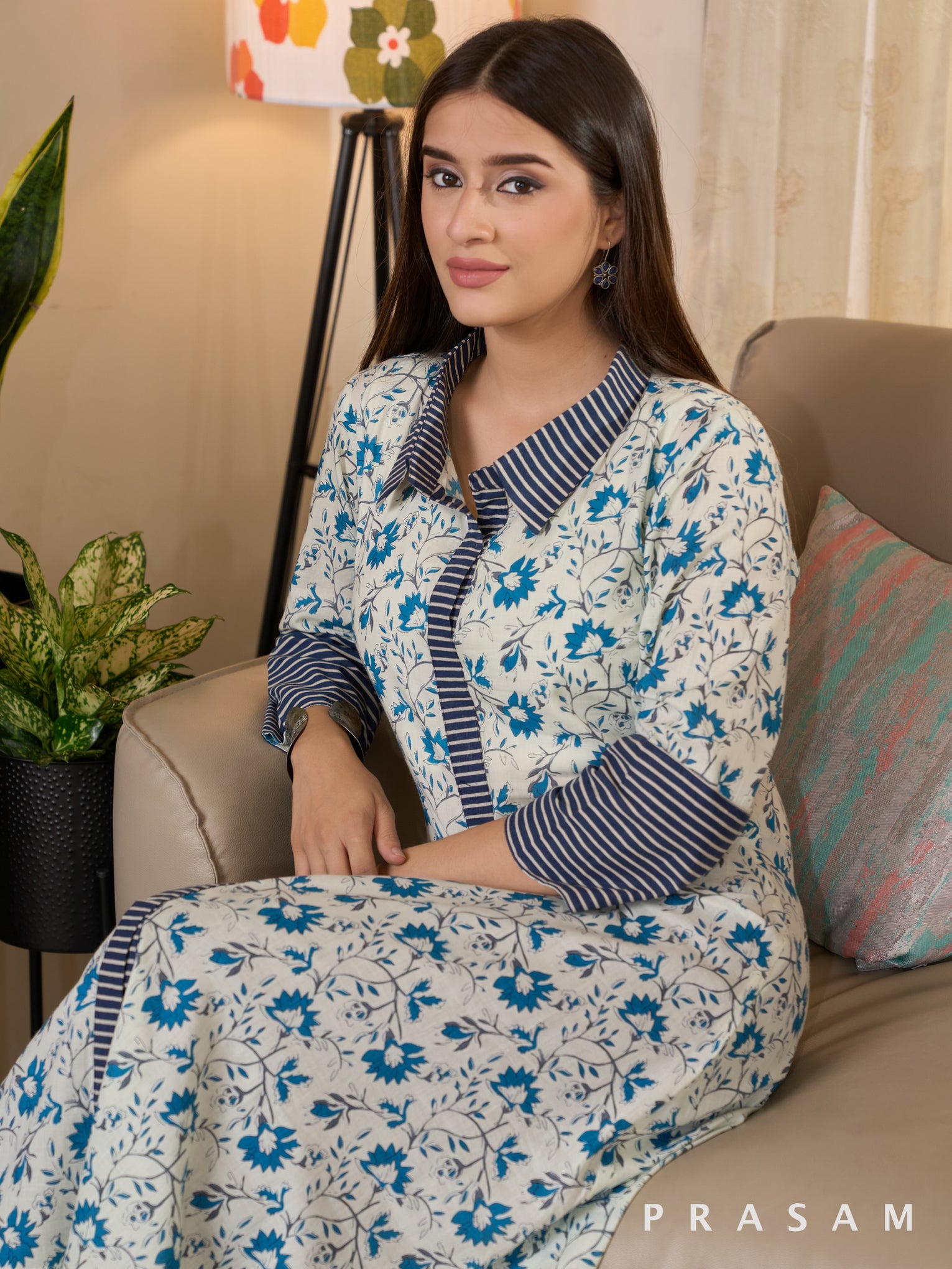 Blue Orchid Printed Kurti With Ajrakh Stripes