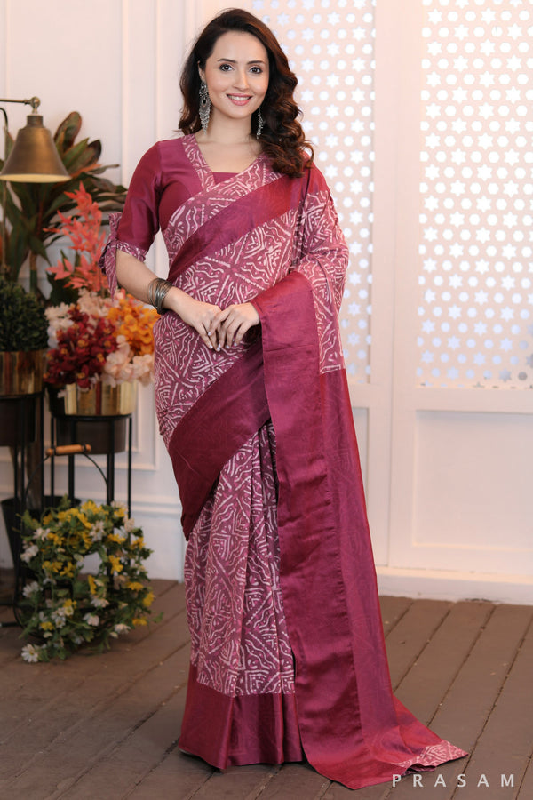 Radiant Rose Classy ethnic bagru printed saree with onion pink chanderi pallu & trims