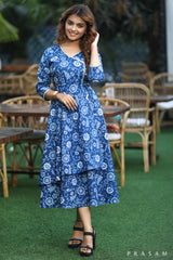 Boho BlueBell Trendy Soft Cotton Printed Dress With Overlap Detail And Gota Lace