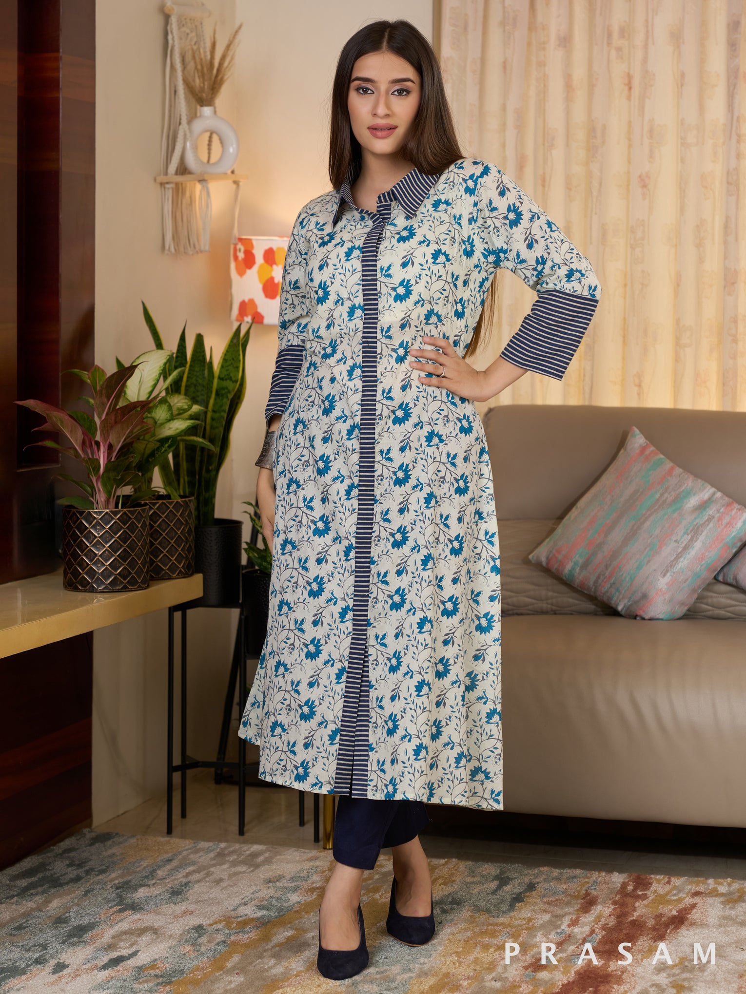 Blue Orchid Printed Kurti With Ajrakh Stripes