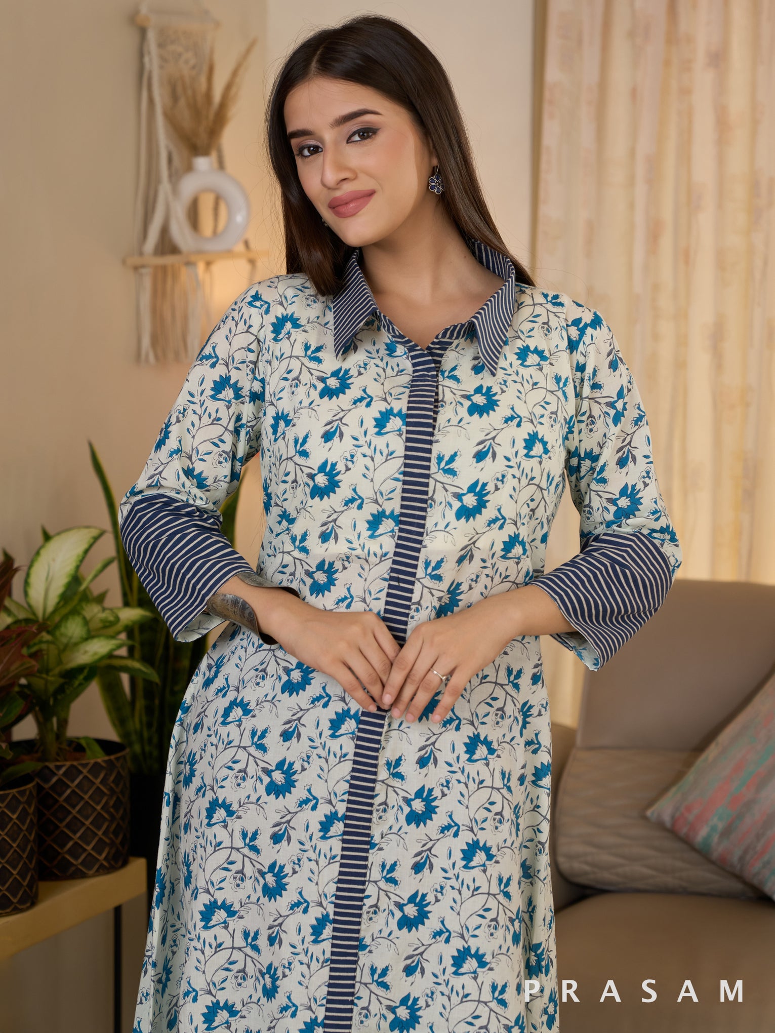 Blue Orchid Printed Kurti With Ajrakh Stripes