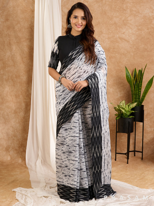 Naghma - Black & White Chanderi Print Saree with Ikat Border