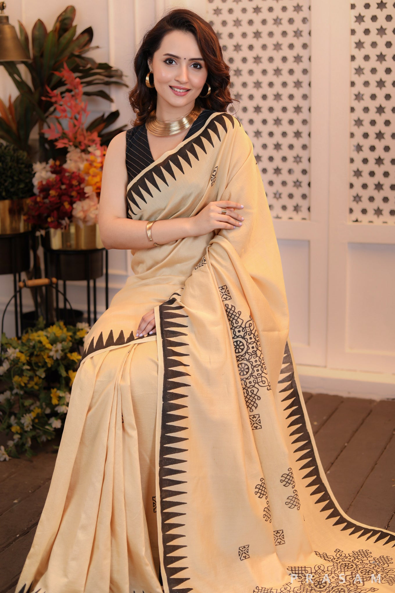 Golden grace exclusive golden hand block printed chanderi saree