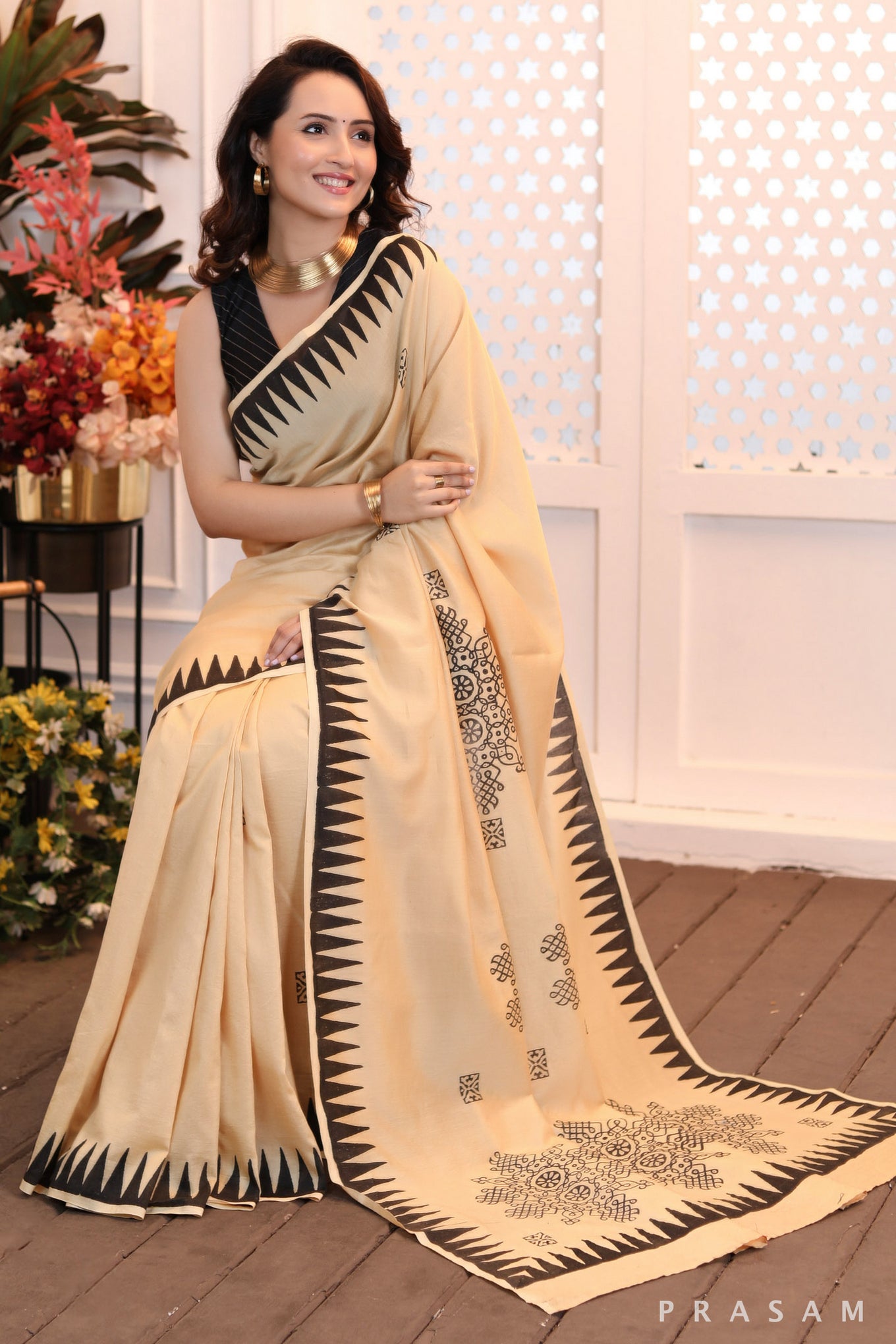 Golden grace exclusive golden hand block printed chanderi saree