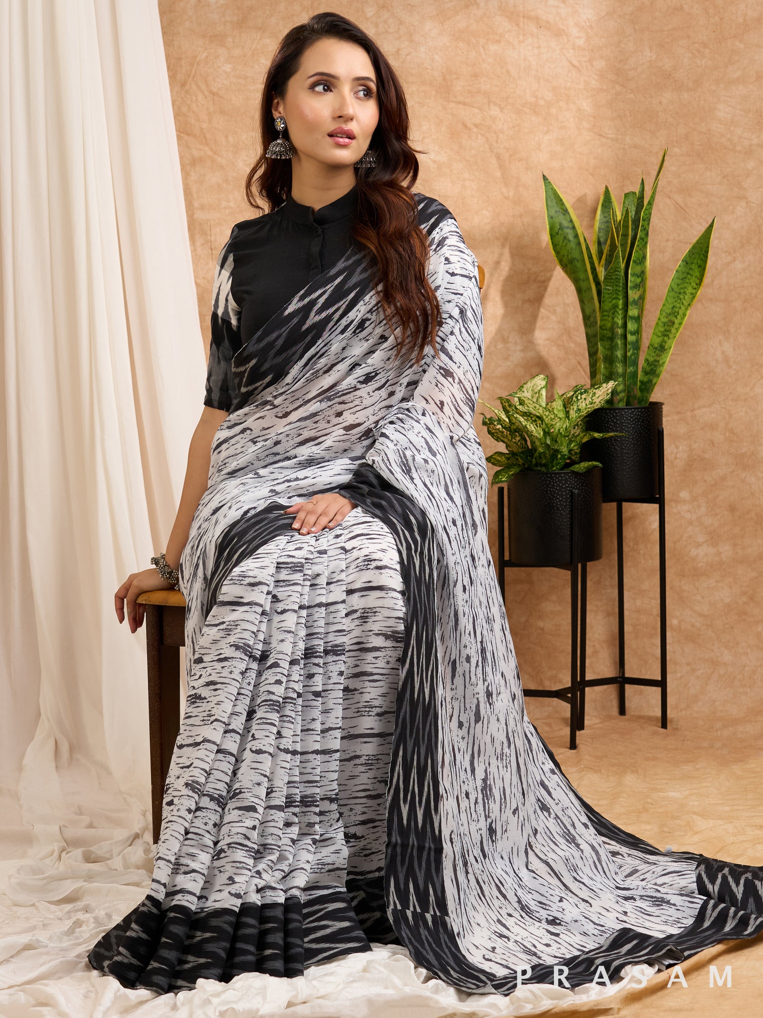 Naghma - Black & White Chanderi Print Saree with Ikat Border