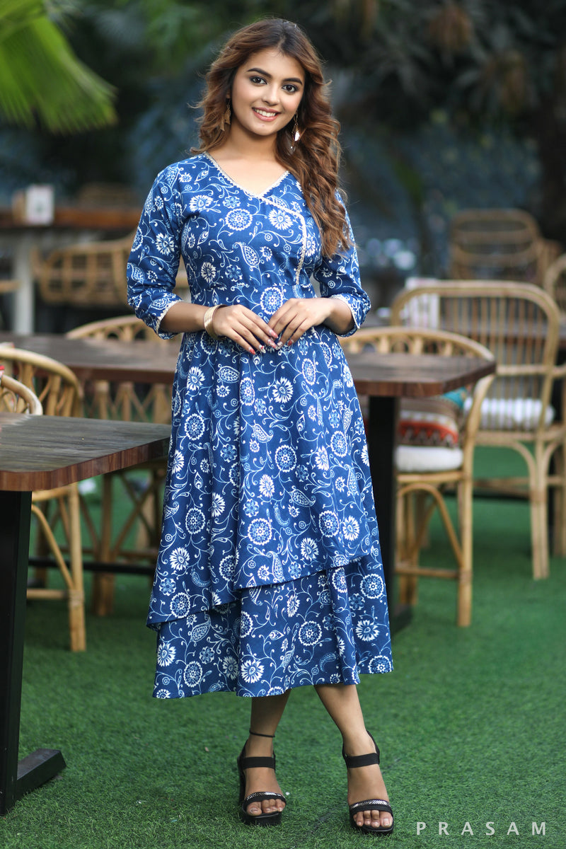 Boho BlueBell Trendy Soft Cotton Printed Dress With Overlap Detail And Gota Lace