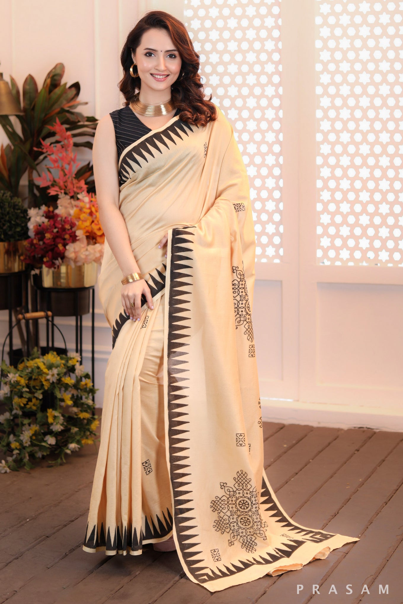 Golden grace exclusive golden hand block printed chanderi saree