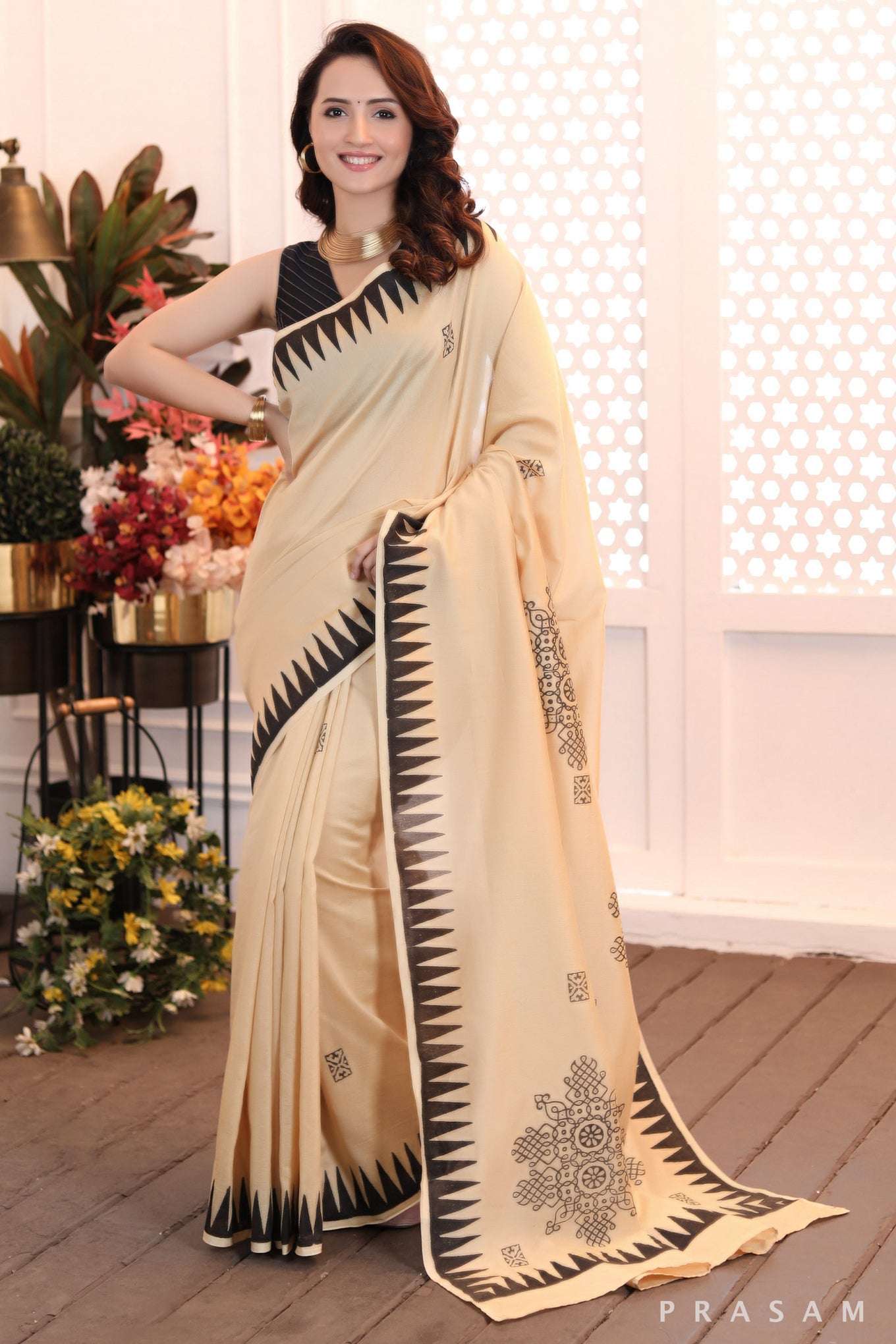 Golden grace exclusive golden hand block printed chanderi saree