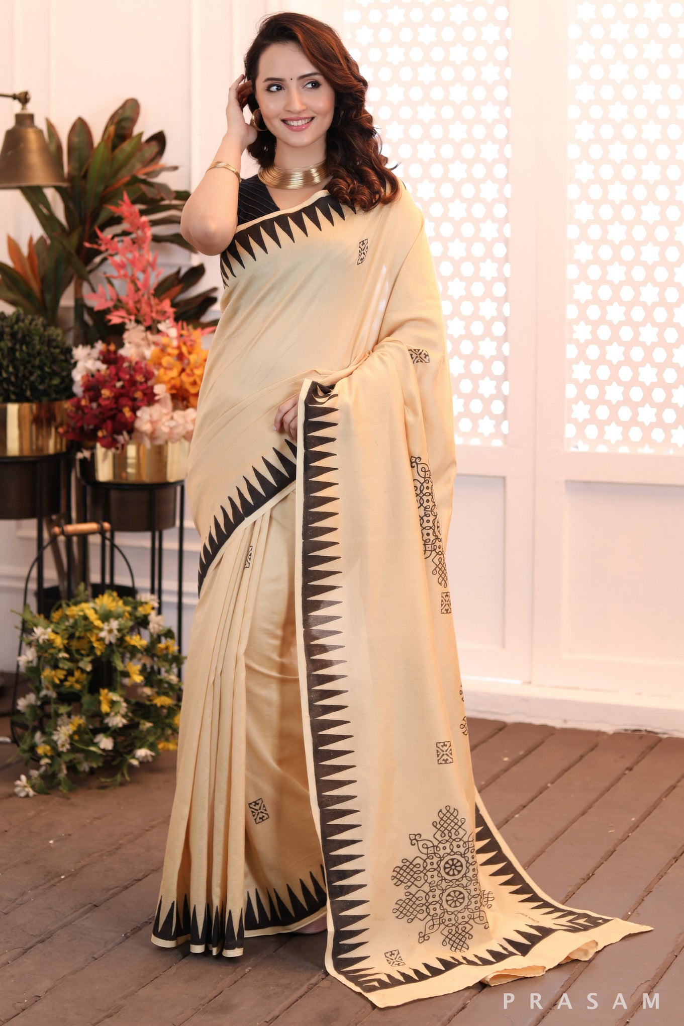 Golden grace exclusive golden hand block printed chanderi saree