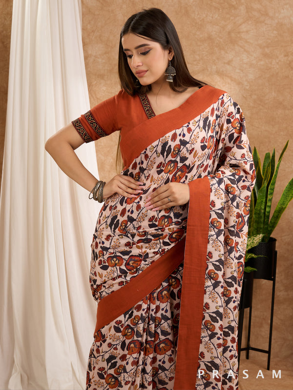 Nargis - Rust Chanderi Printed Saree With Border